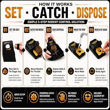 Rat Traps That Kill Instantly | 6 Pack Powerful Mouse Traps for Mice & Rats | Includes Cleanup Kit (6 Disposal Bags + 6 Gloves) | Reusable, No-Touch Rodent Control for Home, Kitchen & Garage