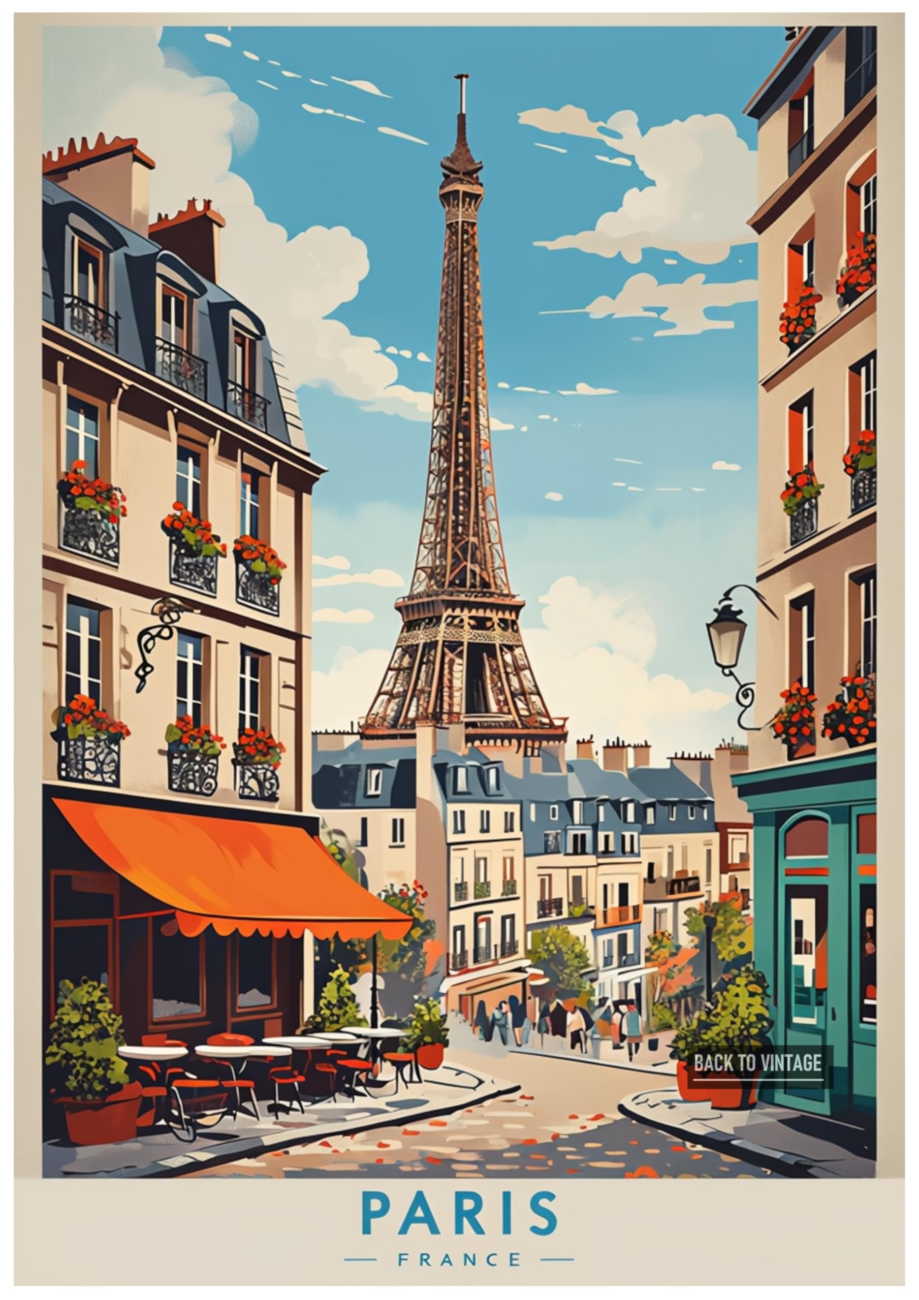Back To Vintage Multicoloured Vibrant Paris City Street Scene With Eiffel Tower And Café - Retro Europe Travel Poster A4 Size Vintage Wall Art Print Of Famous European Destinations Ideal For Home Or Office Decor