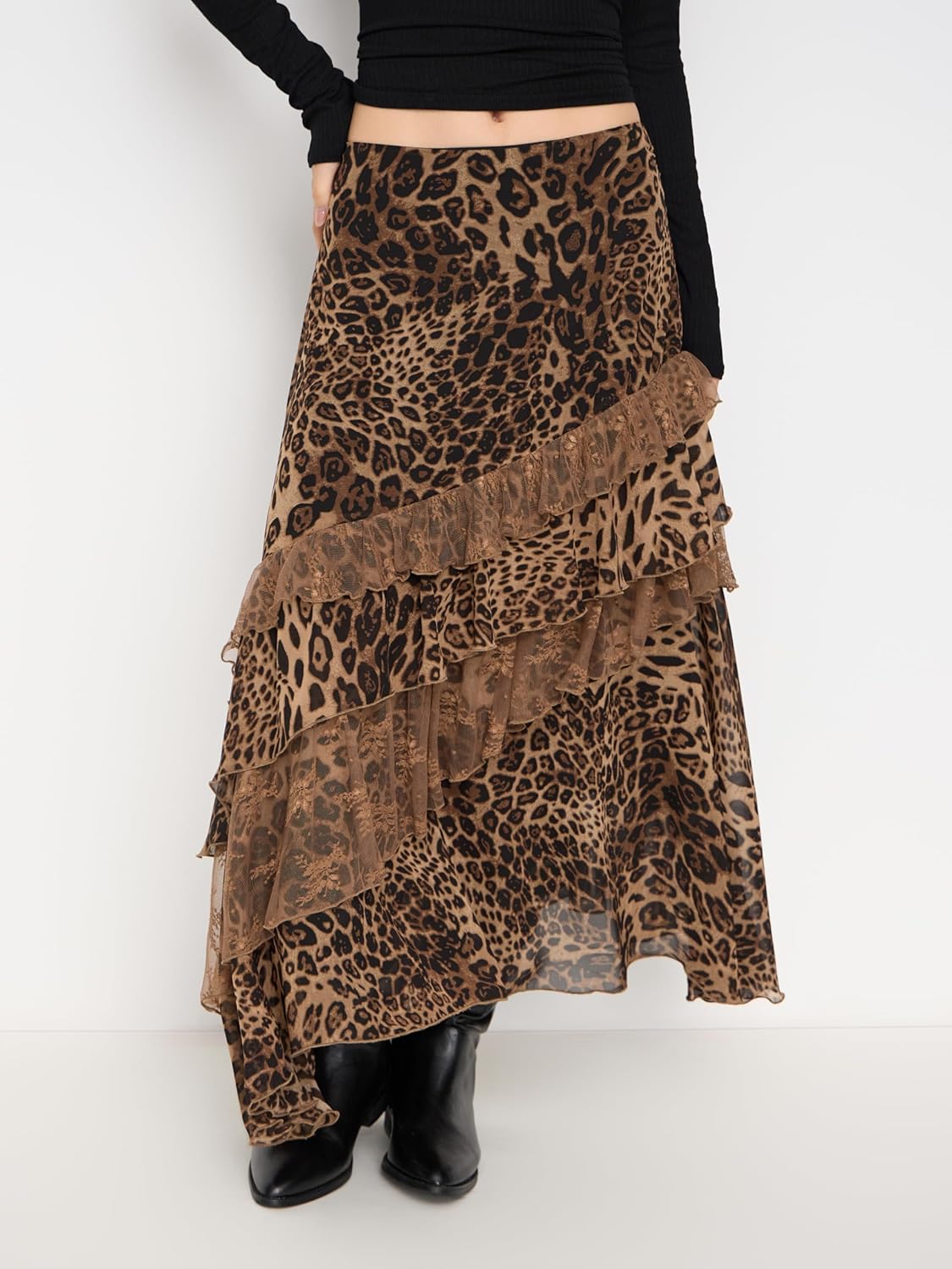 CIDER Chiffon High Rise Leopard Print Layered Maxi Skirt: Coffee, XL