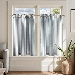 jinchan Striped Linen Kitchen Curtains 36 Inches Length Tier Curtains Farmhouse Modern Cafe Style Small Window Treatments Airy Light Filtering Rod Pocket for Living Room Bathroom 2 Panels Blue