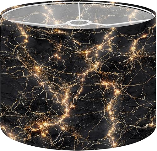 Drum Lamp Shades Black Gold Marble Contact Paper Vinyl Neon Lines Golden Sparks Lampshade for Floor Lamps Table Lamp Pendant Light Linen 13"x13"x10"