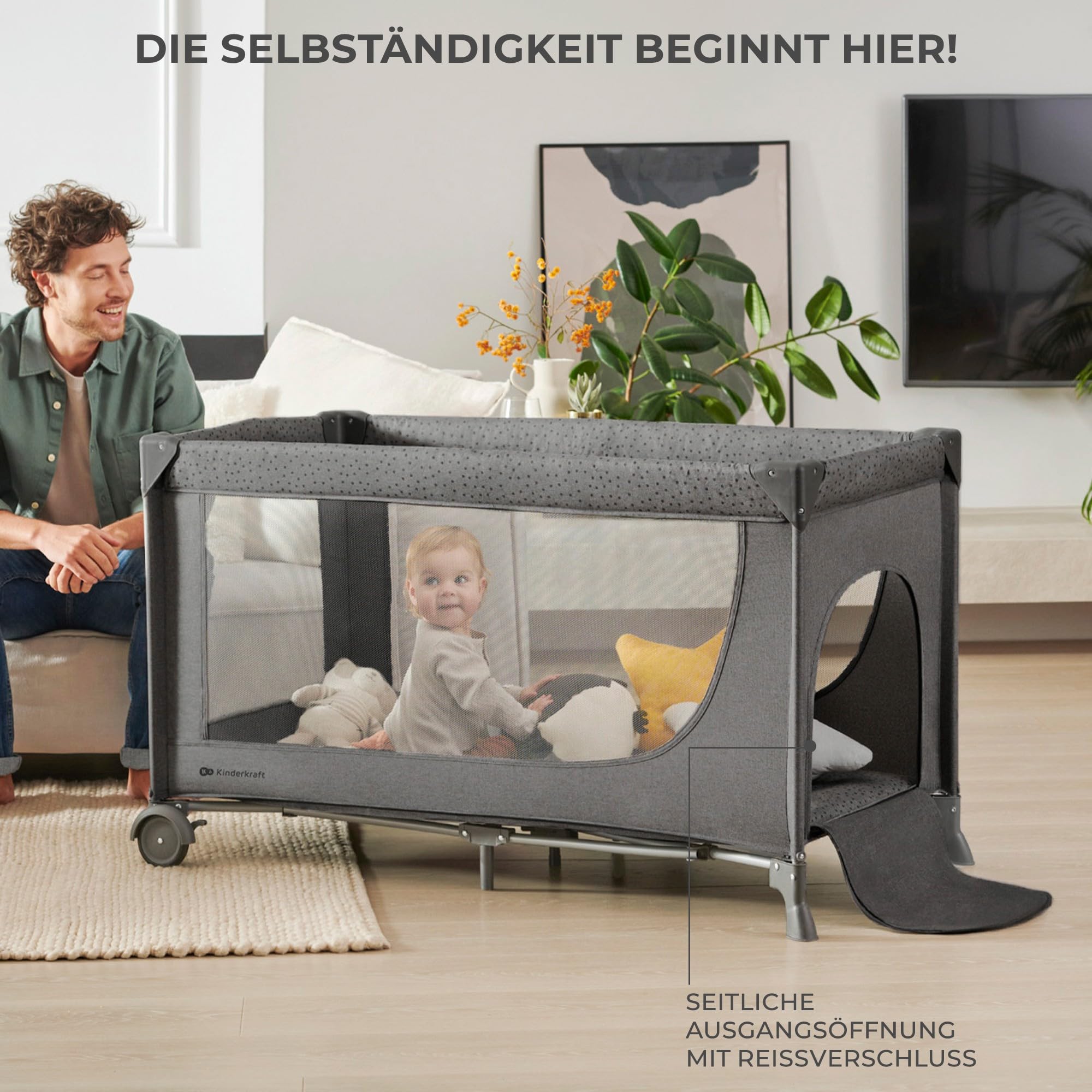 Kinderkraft Joy 2 Kinderbett, 2 in 1 Kinderreisebett, Babybetten, Kinderbett, Reisebett, Modernes Design, Kleine Abmessungen nach Zusammenklappe, Räder, Dunkelgrau