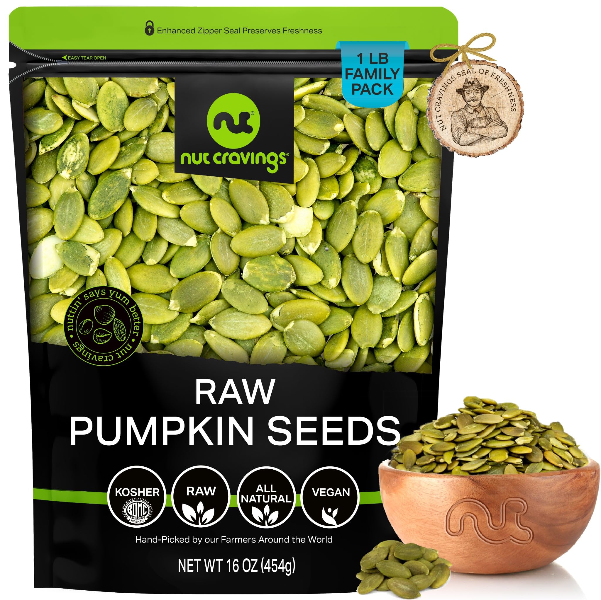 NUT CRAVINGS - Raw Pumpkin Seeds Pepitas, Unsalted, Shelled, (16oz - 1 LB) Bulk Nuts Packed Fresh in Resealable Bag - Kosher Healthy Snack, Food Assortments Ideal for Trail Mixed Nuts