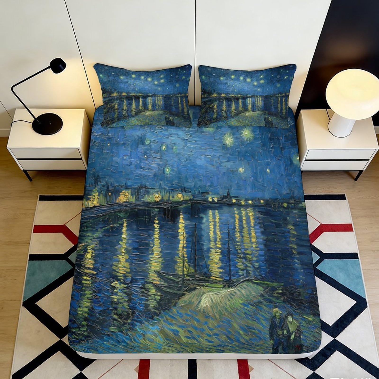 3D Printed Starry Night Art Fitted Sheet Microfiber Deep Pocket Bedding Set Starry Mattress Fitted Cover Full Wrap Washable 200x200x25cm 90x200x25cm