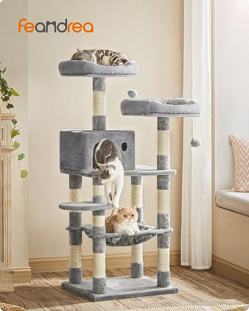 Foto 2 de 8 de Feandrea Árbol para Gatos de Altura 143 cm, Torre para Gatos, con 11 Postes Rascadores, 2 Plataformas, 1 Cueva