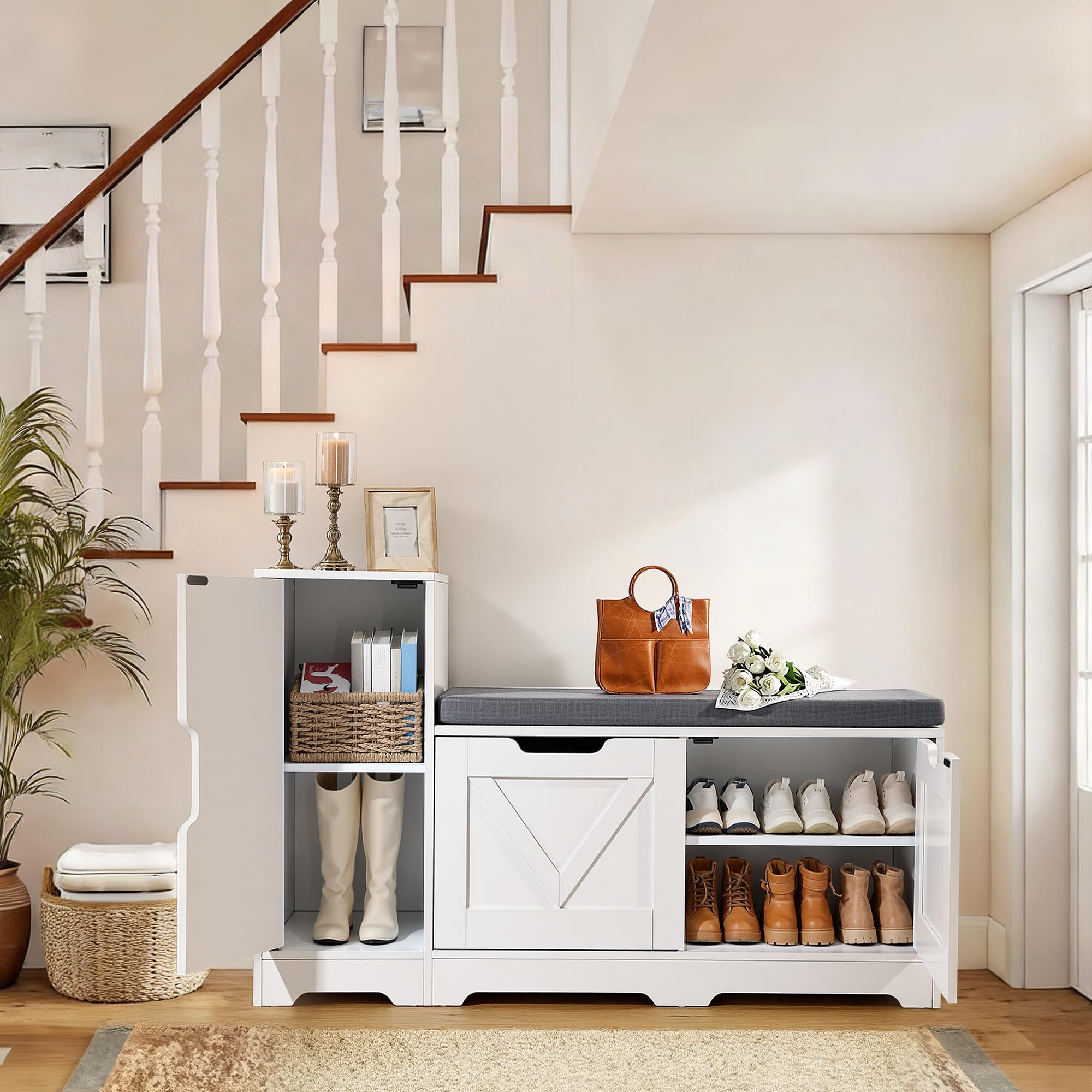 YITAHOME Panca Scarpiera da Ingresso, Scarpiera Ingresso con Sedia Rimborsata e Cuscino, Doppia Porta scarpieras di Stoccaggio con Armadi Laterali, Panca Portascarpe, 105 x 37 x 65,5 cm, Bianco