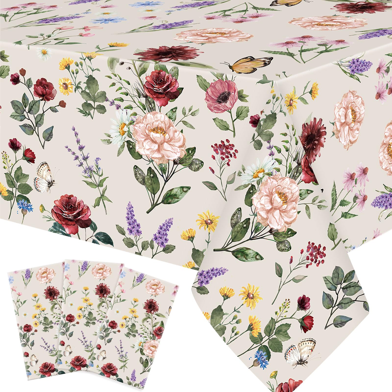 Ganeen 3 Pcs Floral Tablecloth Plastic Vintage Wildflower Table Covers