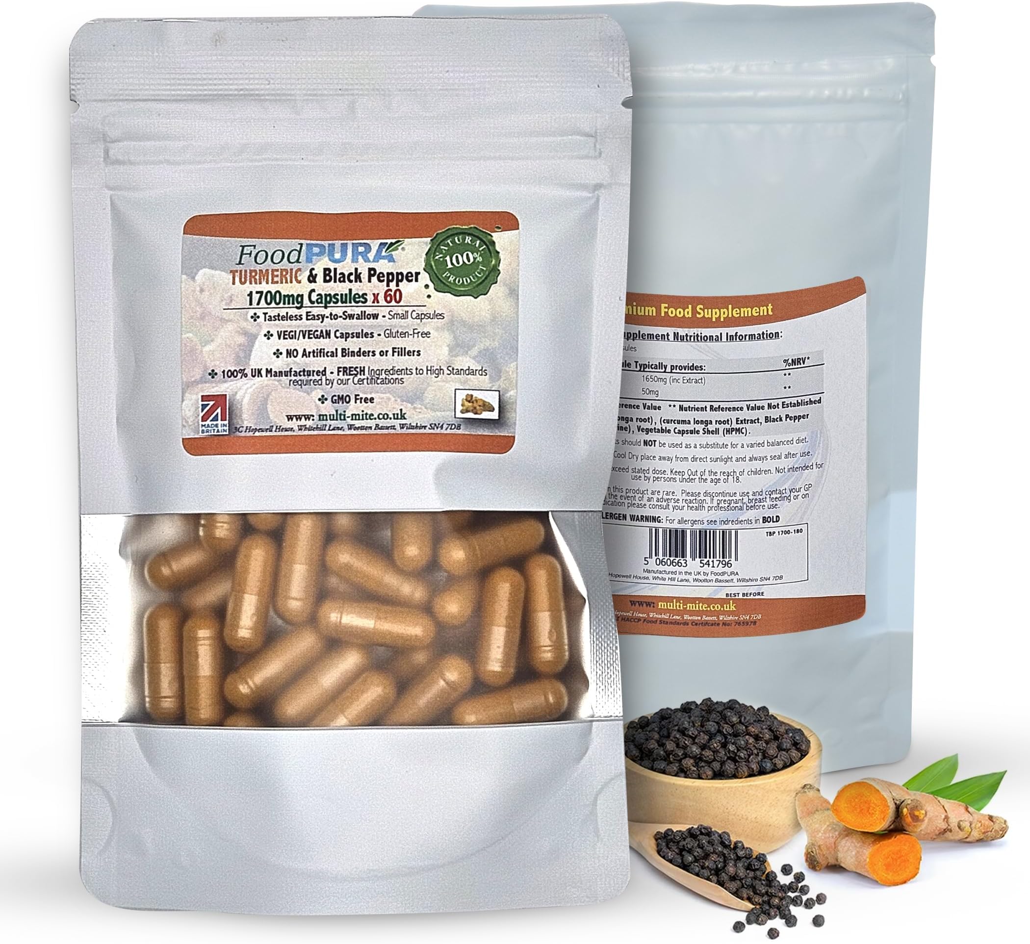 FoodPURA60 x Turmeric with Black Pepper Capsules High Strength 1700mg HACCP Certified, Manufactured in The UK by FoodPURA 1 Pack of 60 Capsules