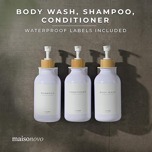 Vista 99 de MaisoNovo Dispensador de champú y acondicionador, dispensador de jabón de ducha montado en la pared, juego de 3 botellas de plástico transparente