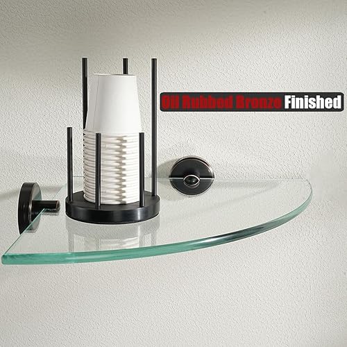 Miniatura 4 de JQK TGS190L10-ORB-P2 - Estante esquinero de vidrio de bronce aceitado para baño, acero inoxidable 304, estante flotante de pared flotante de 10 x 10