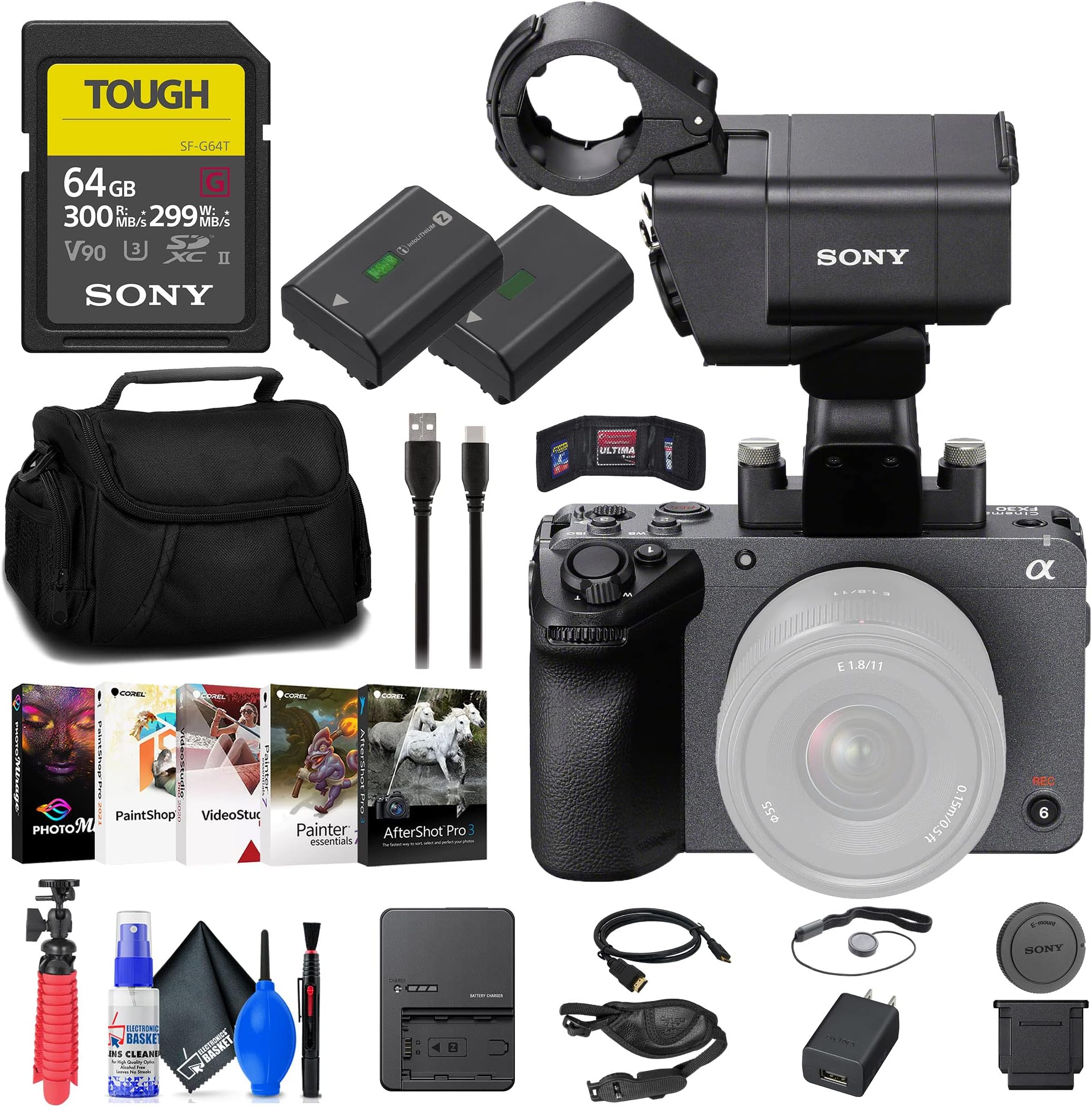 Sony FX30 Digital Cinema Camera with XLR Handle Unit (ILME-FX30) + 64GB SF-G Tough Card + Bag + NP-FZ100 Compatible Battery + External Charger + Corel Photo Software + Flex Tripod + More (Renewed)