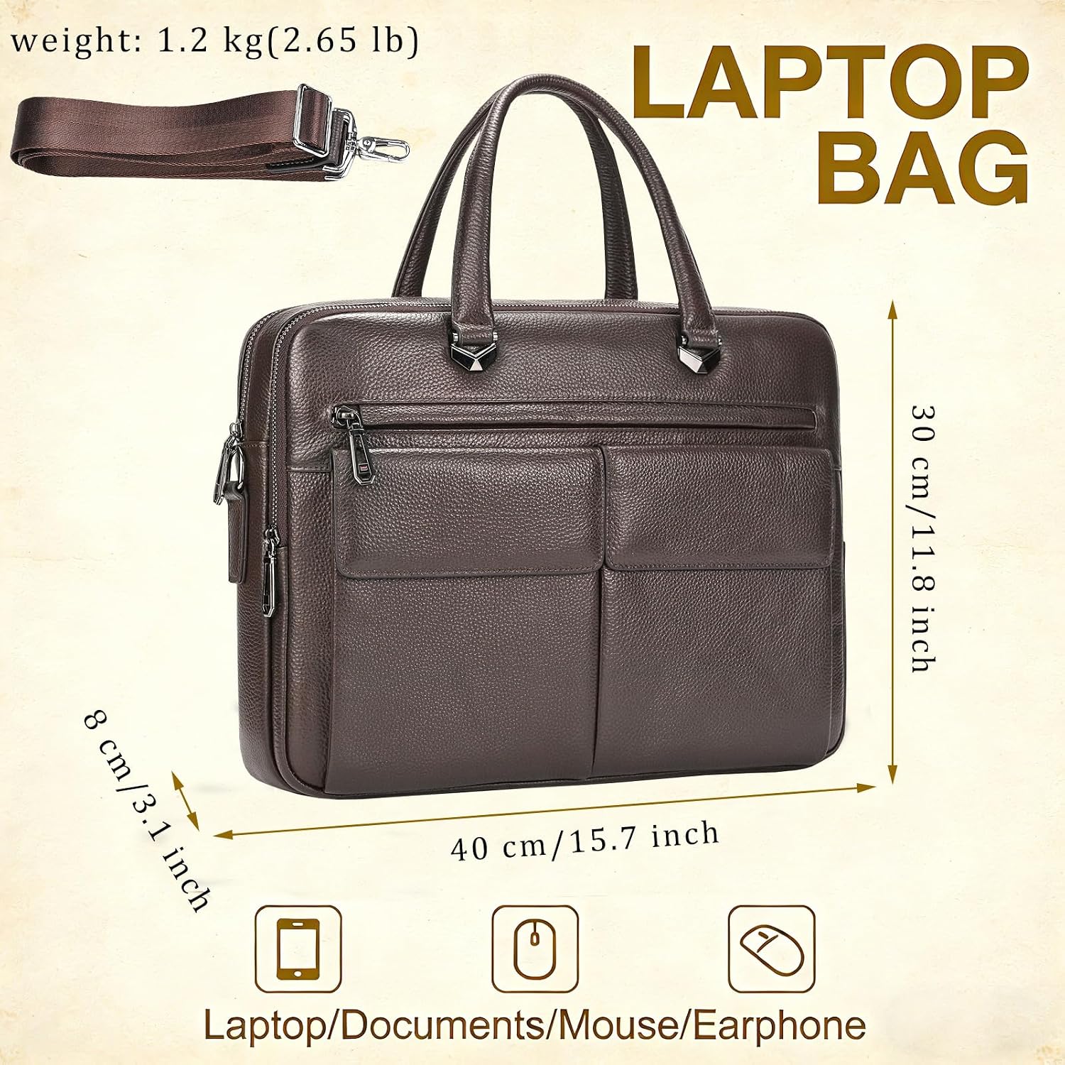 Leather Laptop Bag for Men Briefcase Fits 15.6 Inch Notebook Portable Shoulder Messenger Crossbody Bag for Travel Office