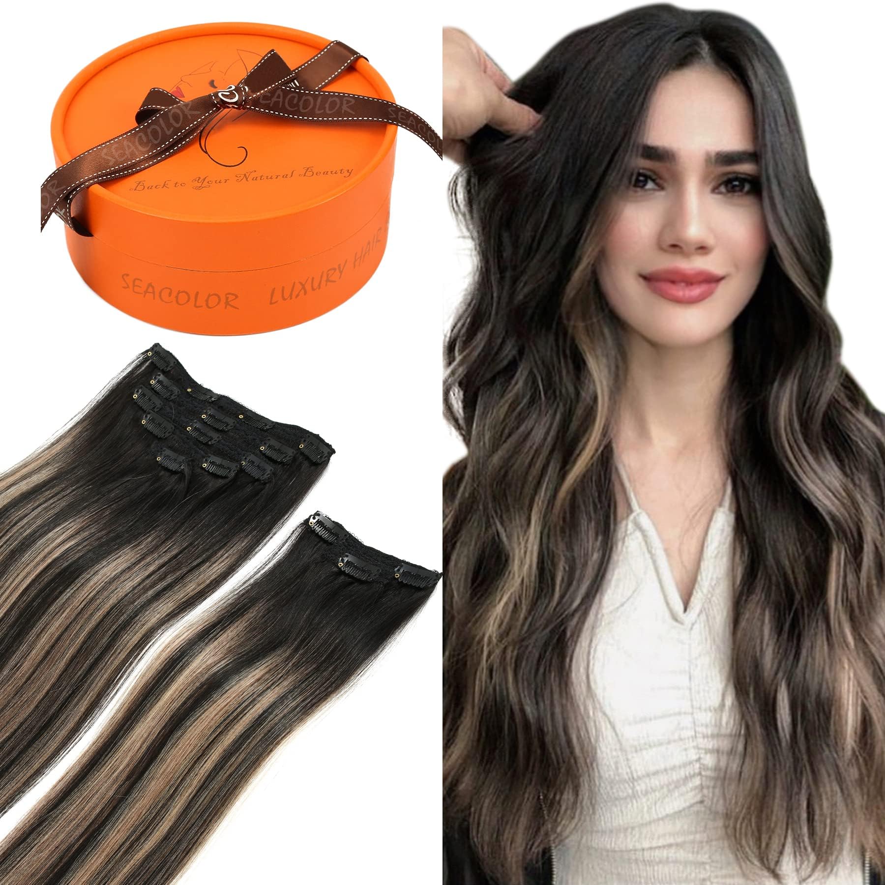 SEACOLOR Limited Stock Alert: 18 Inch, 150g Black Hair with Brown Highlights Remy Clip-In Hair Extensions, 100% real Human Hair #T1B/6/1B Brown Highlights on Black Hair