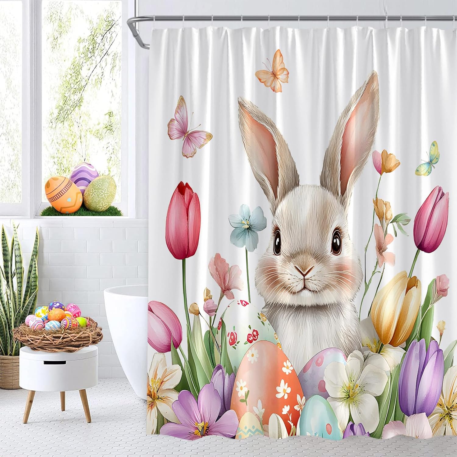 Easter Shower Curtain Watercolor Floral Cute Bunny Butterfly Eggs Rabbits Spring Animal Plants 70" Wx84 H Fabric Bathroom Decor Curtain with Hooks