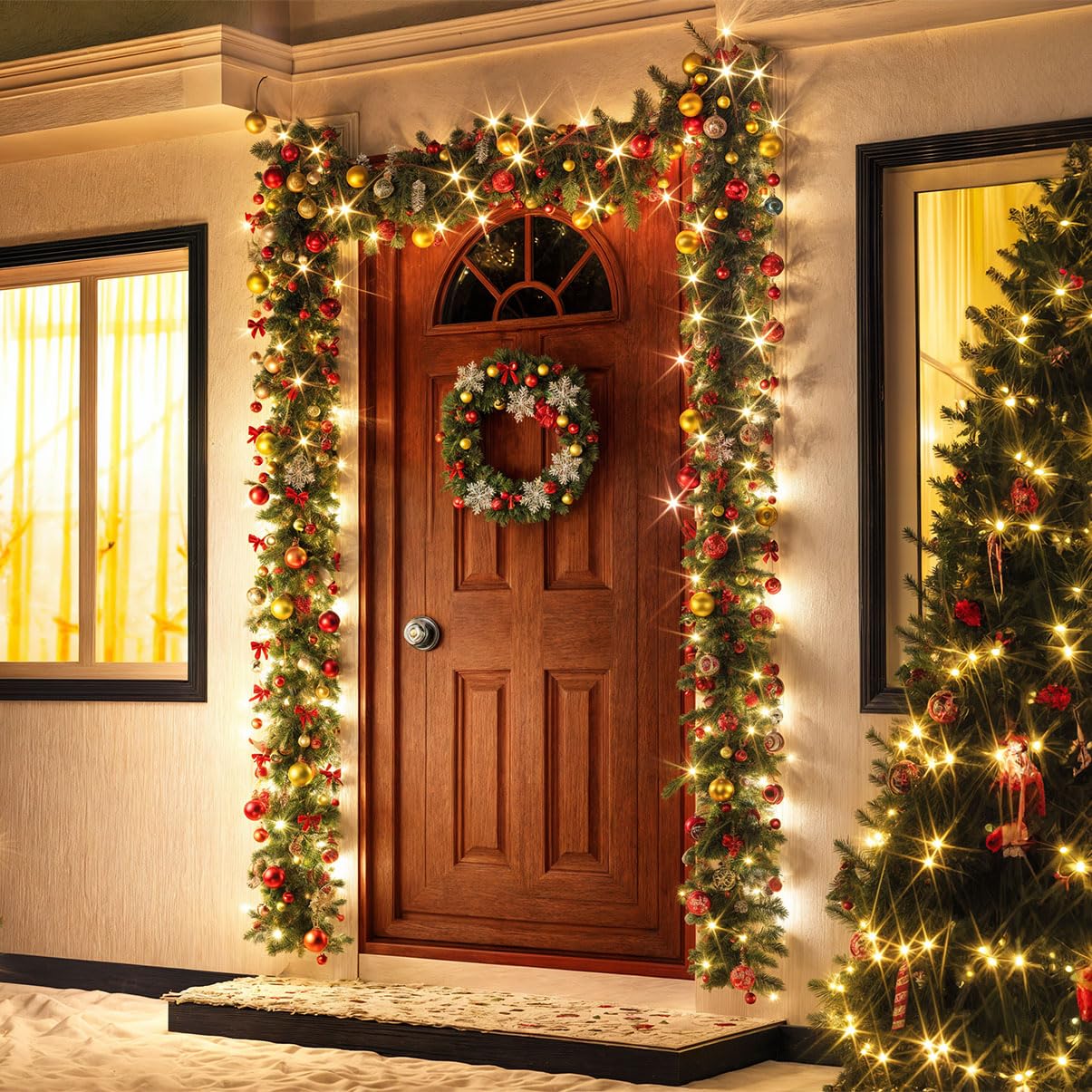 CASARIA® Guirlande de Noël Lumineuse 5m 80 LED Sapin Artificiel avec déco Décoration de noël intérieur extérieur | lumière blanc chaud, décoration noël, vert, sapin artificiel, intérieur, résistant intempéries, décoration, toit, fenêtre