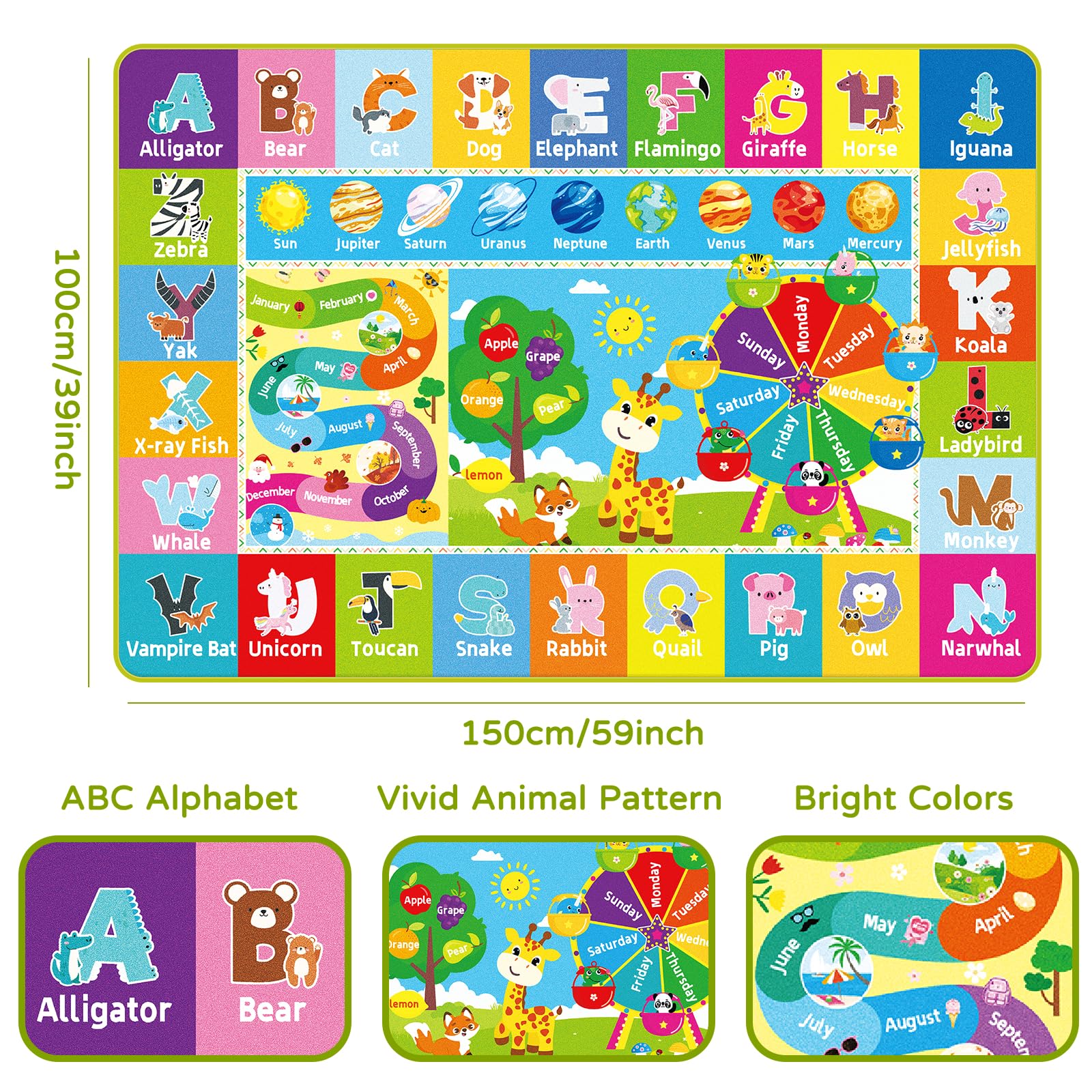 DINSUMRUG Kids Rug for Playroom Baby Playmat with Alphabet, Month, Weather, Week and Shapes ABC Educational Rug - Image 4