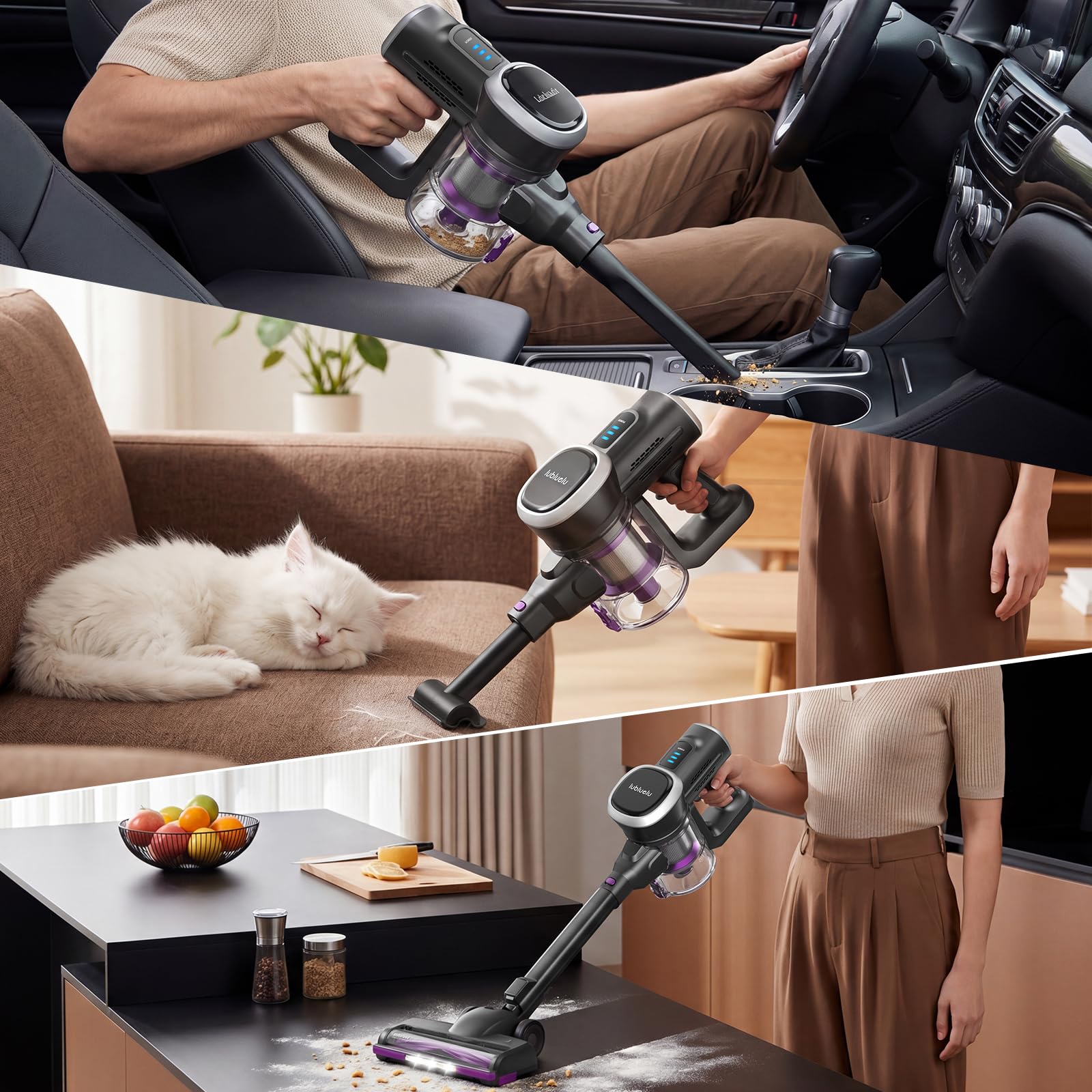 Lubluelu Akku-Staubsauger 48KPa 450W | Kabellos bis 50 Min Laufzeit | Faltbares Knickrohr | Anti-Tangle Bürste | Großer Staubbehälter | Leise & Selbststehend für Hartboden, Teppich & Tierhaare
