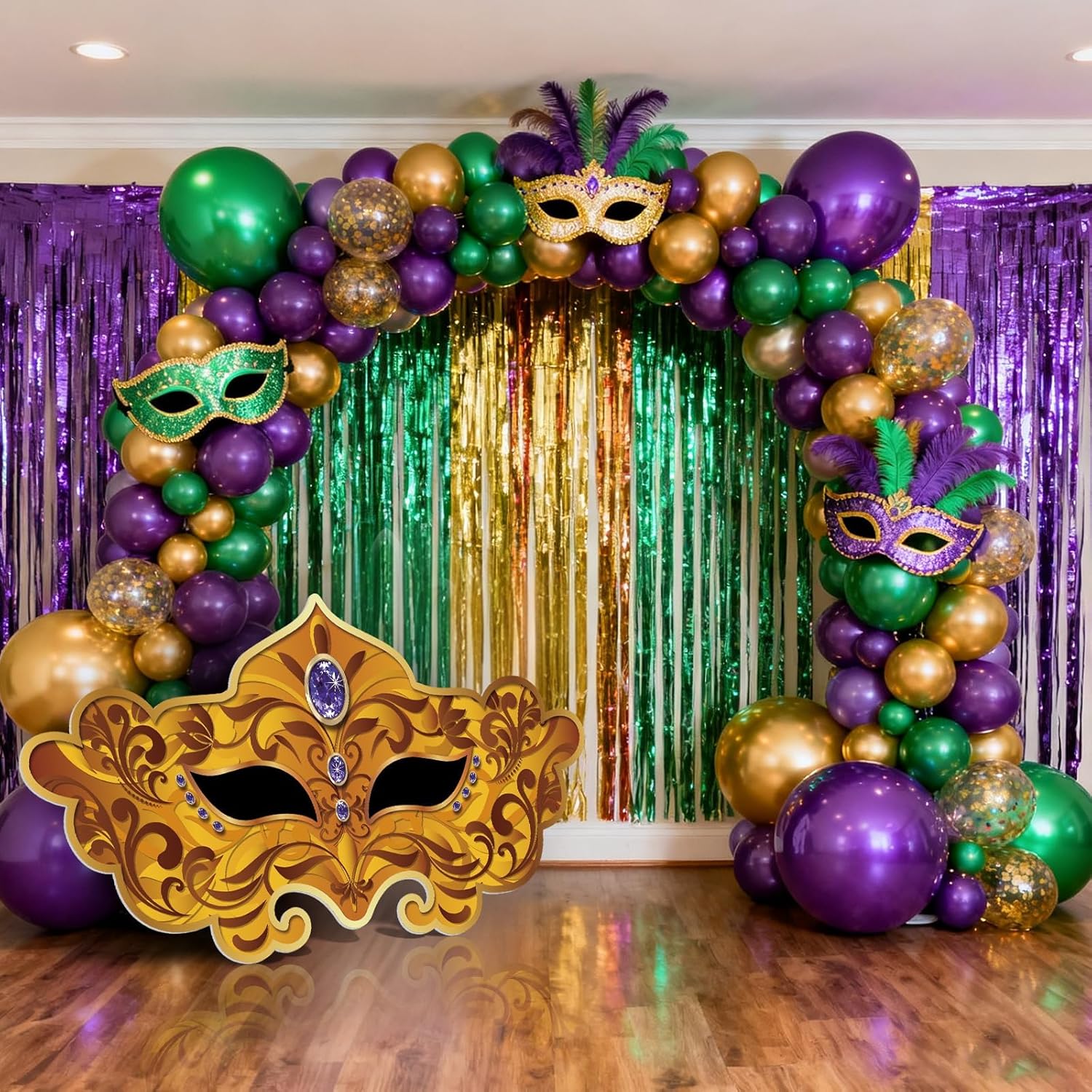 4.1 x 2 ft Masquerade Mask Cardboard Cutout for Mardi Gras, Large Life-Size Gold Carnival Mask Stand Up Photo Prop Backdrop Decorations for Fat Tuesday New Orleans Theme Party Favor