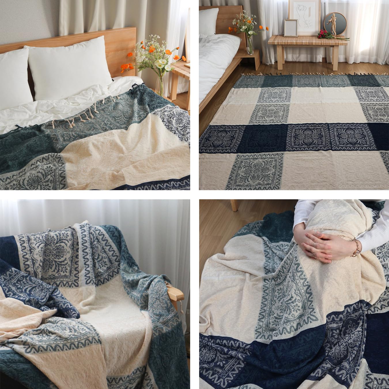 ele ELEOPTION Couverture en chenille - Jacquard - À pompons - Pour lit, canapé, fauteuil - Motif tribal - Beige - 220 x 250 cm
