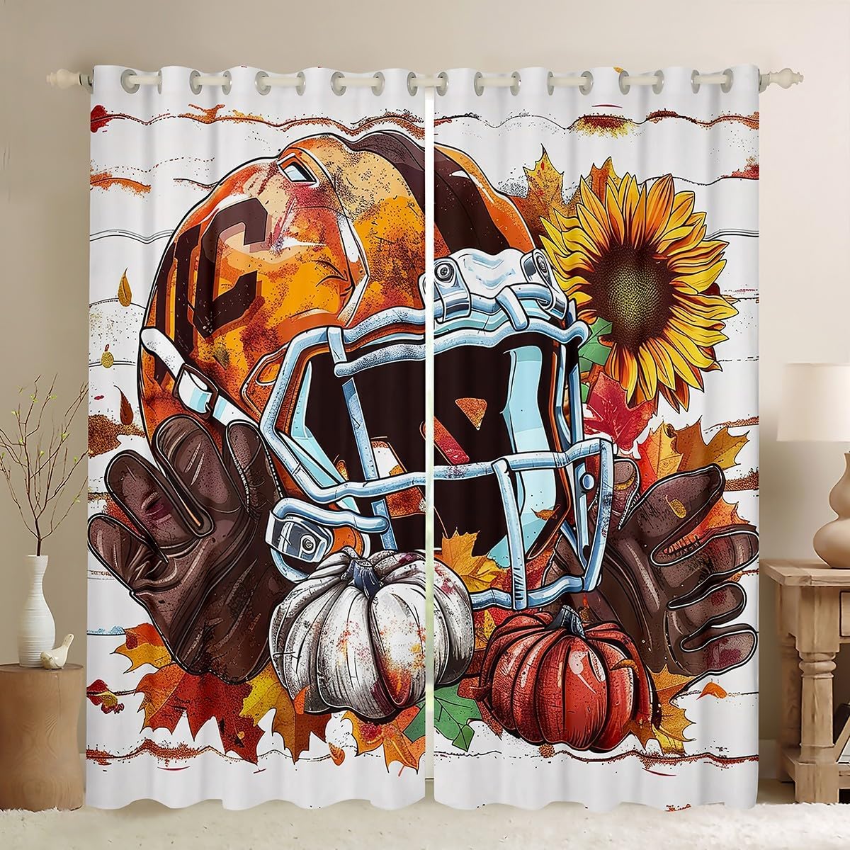 Manfei Fall Kids Blackout Curtain Autumn Pumpkin Sunflower Window Drapes for Boys Girls Teens, Football Cap Gloves Window Treatments, Grommet Top 2 Panel Set Bedroom Curtains, 42Wx90L inch