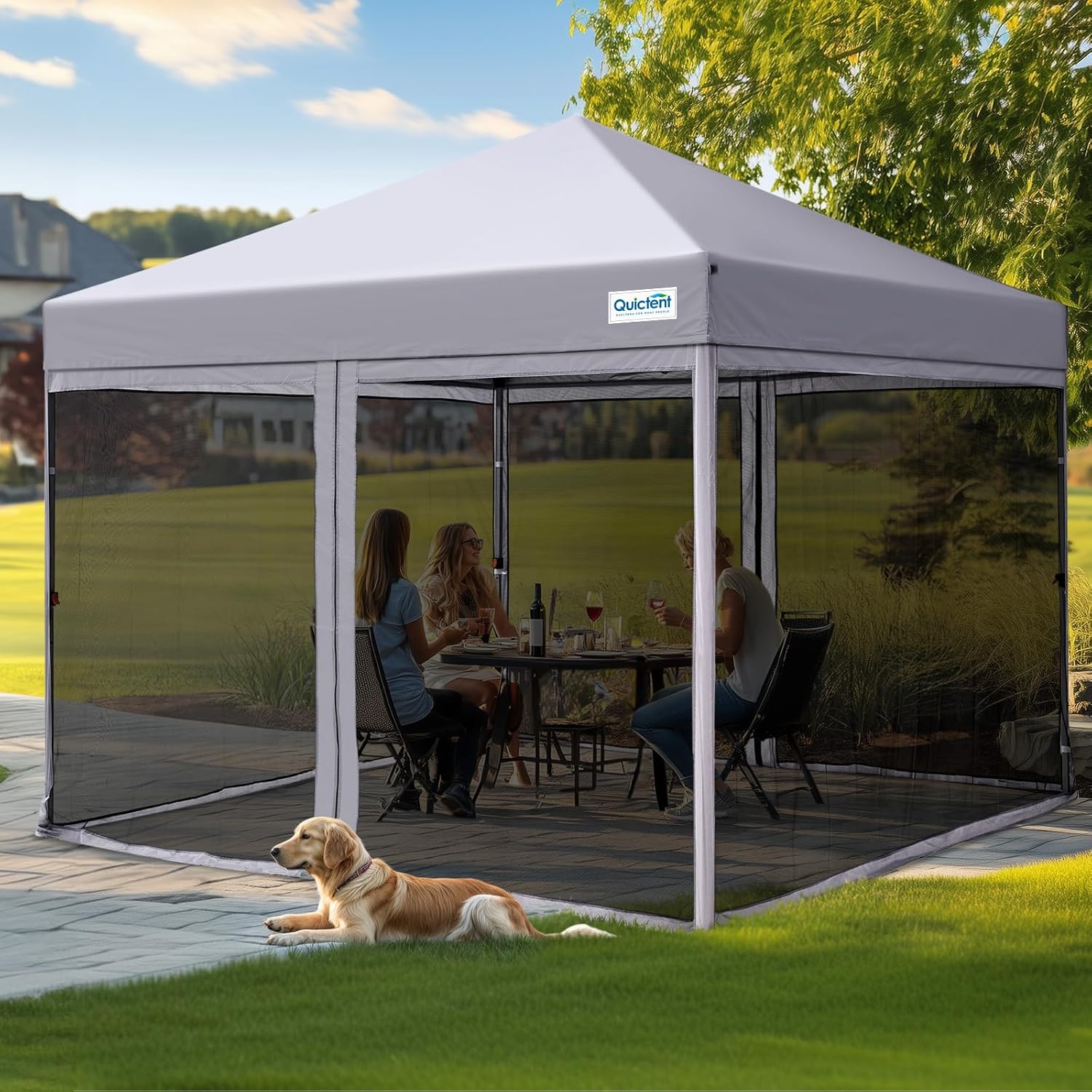 Quictent 10’x10’ Pop up Screened Canopy Tent with Mosquito Netting, Portable Easy up Outdoor Screen House Shelter for Patio, Camping and Picnic, Includes Wheeled Carry Bag (Grey)