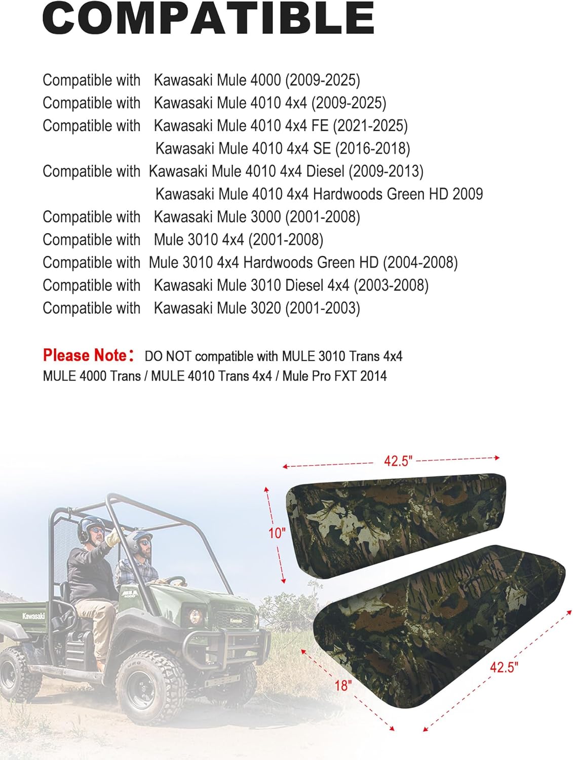 ZIDIYORUO Mule Bench Seat Cover Compatible with Kawasaki Mule 3000 3010 3020 4000 4010 (2001-2023 2025), Fabric Waterproof Anti-Scratch UTV Seat Cover Set for Mule Seat Accessories Parts（Camo）