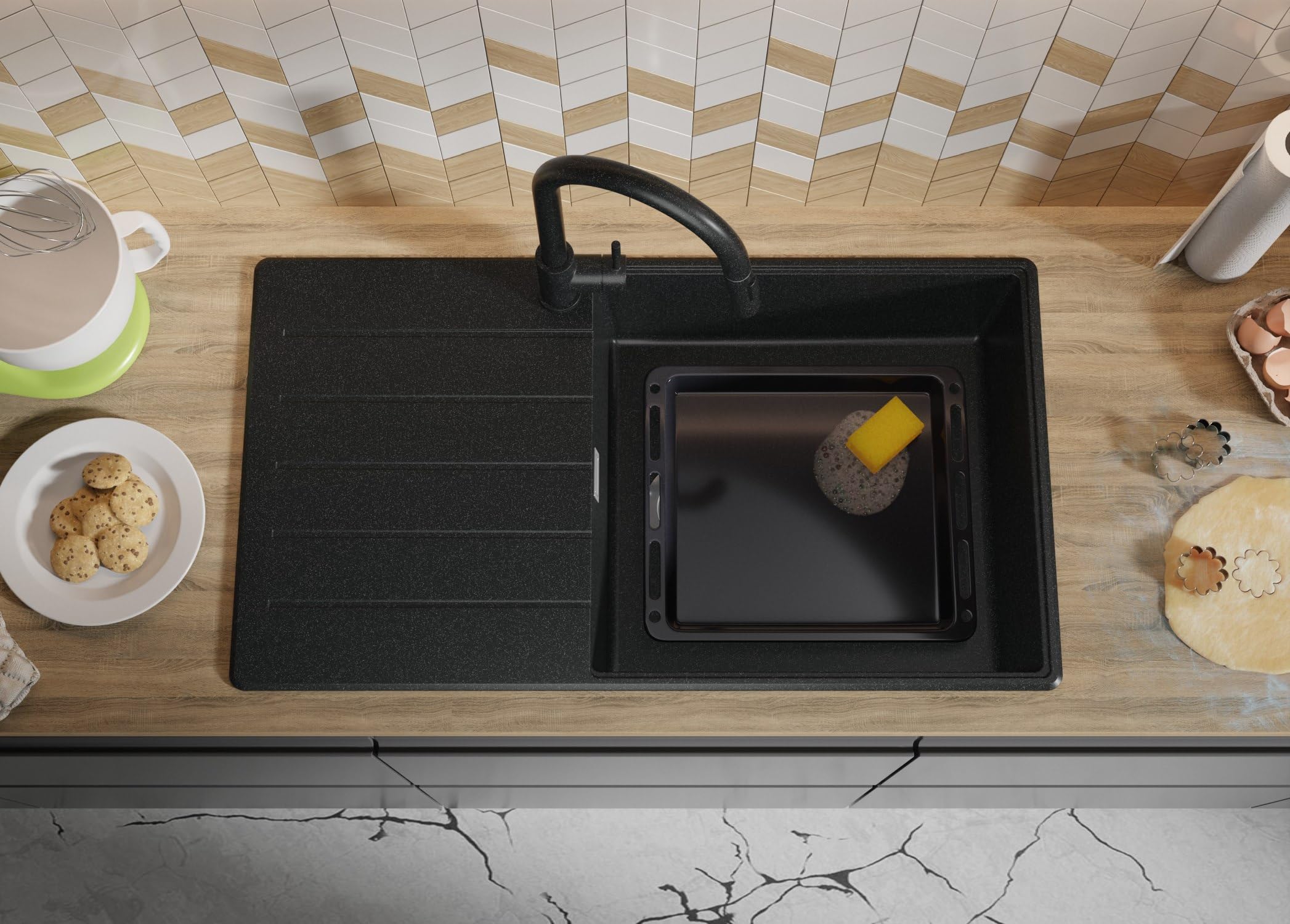 PRIMAGRAN Evier Cuisine en Granit au Meuble 60cm + Kit de Vidage, 90x50cm