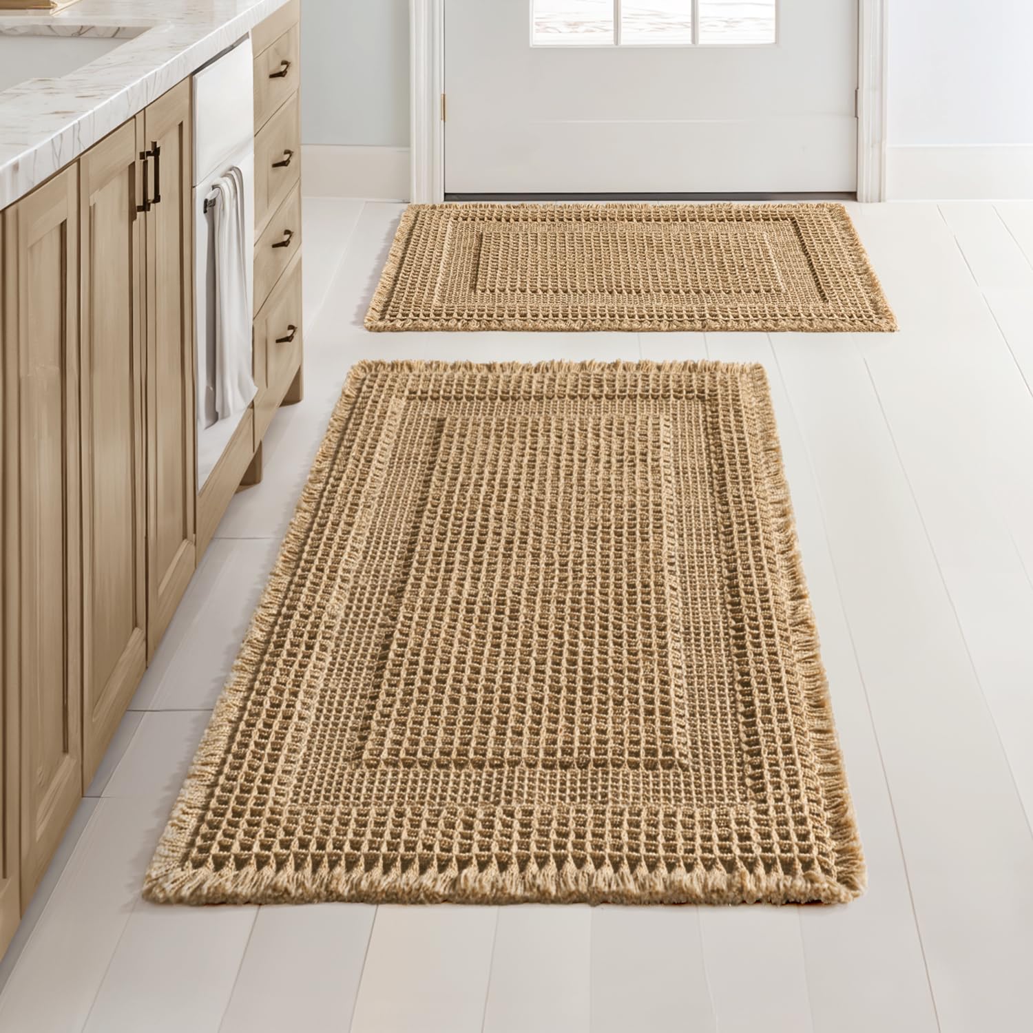 MIULEE Set of 2 Waffle Bathroom Rugs Boho Bath Rug Super Absorbent Non Slip Washable Ultra Soft Rubber