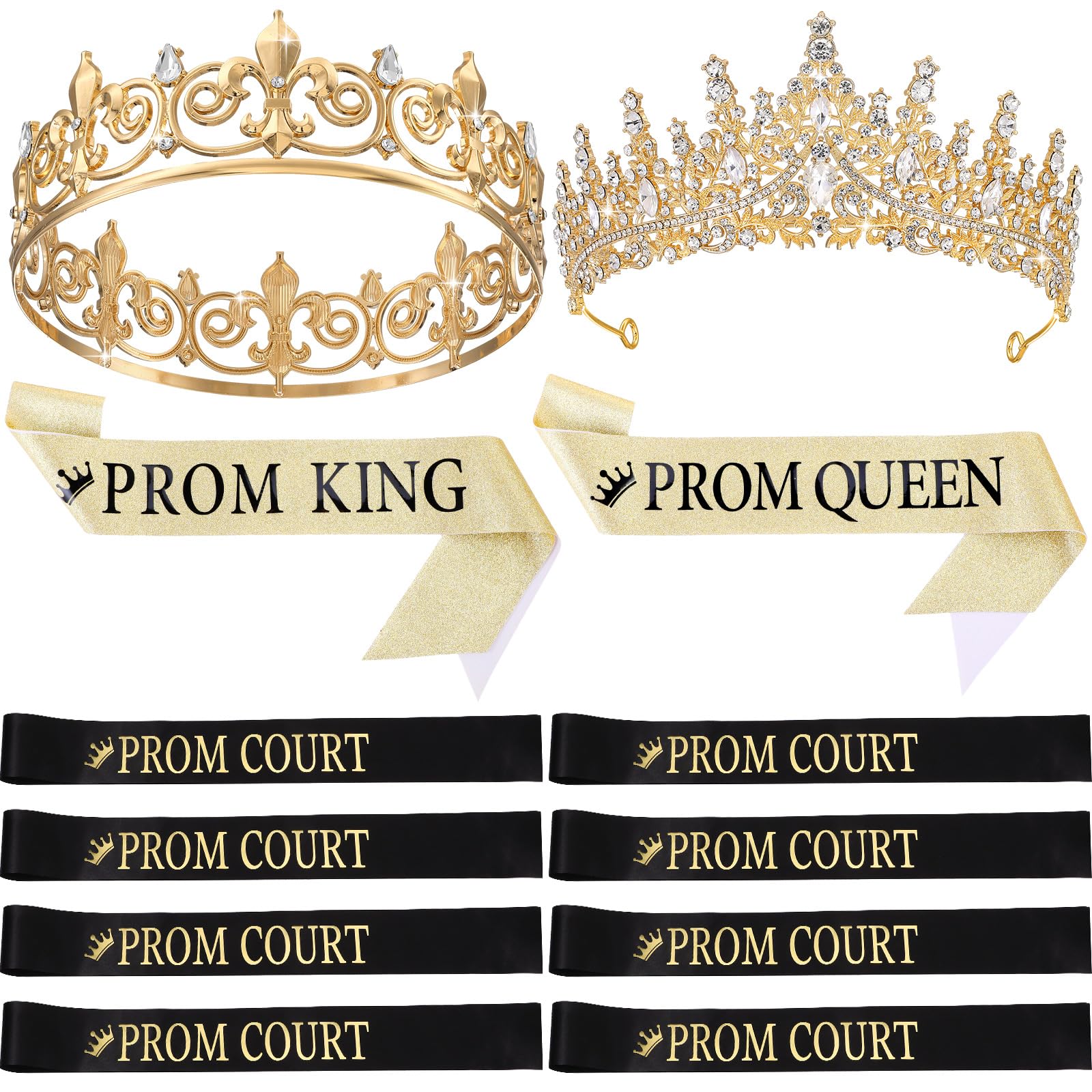 Saintrygo 12 Pcs Prom Crown and Sash Set, Prom King and Queen Tiara Rhinestone Crown Glitter Court Royal Satin Sash for 2025 Graduation Ball Dance