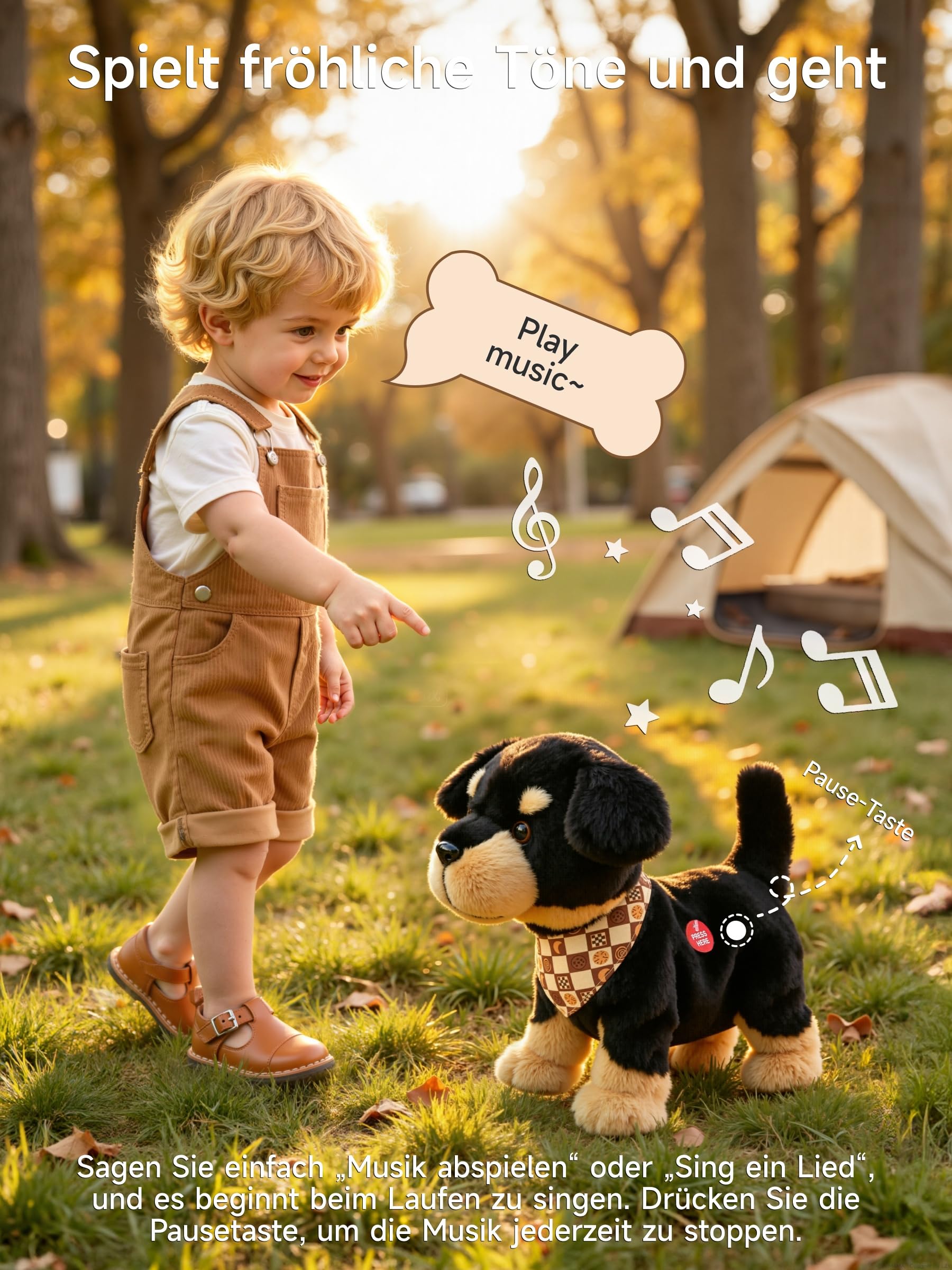 OR OR TU Sprachgesteuerte Hund Spielzeug Kinder Plüsch Hunde | Rottweiler, Singen, Bellen, Laufen und Sich Hinsetzen, hautfreundliches Material, für Kinder ab 2 Jahren, Geschenk
