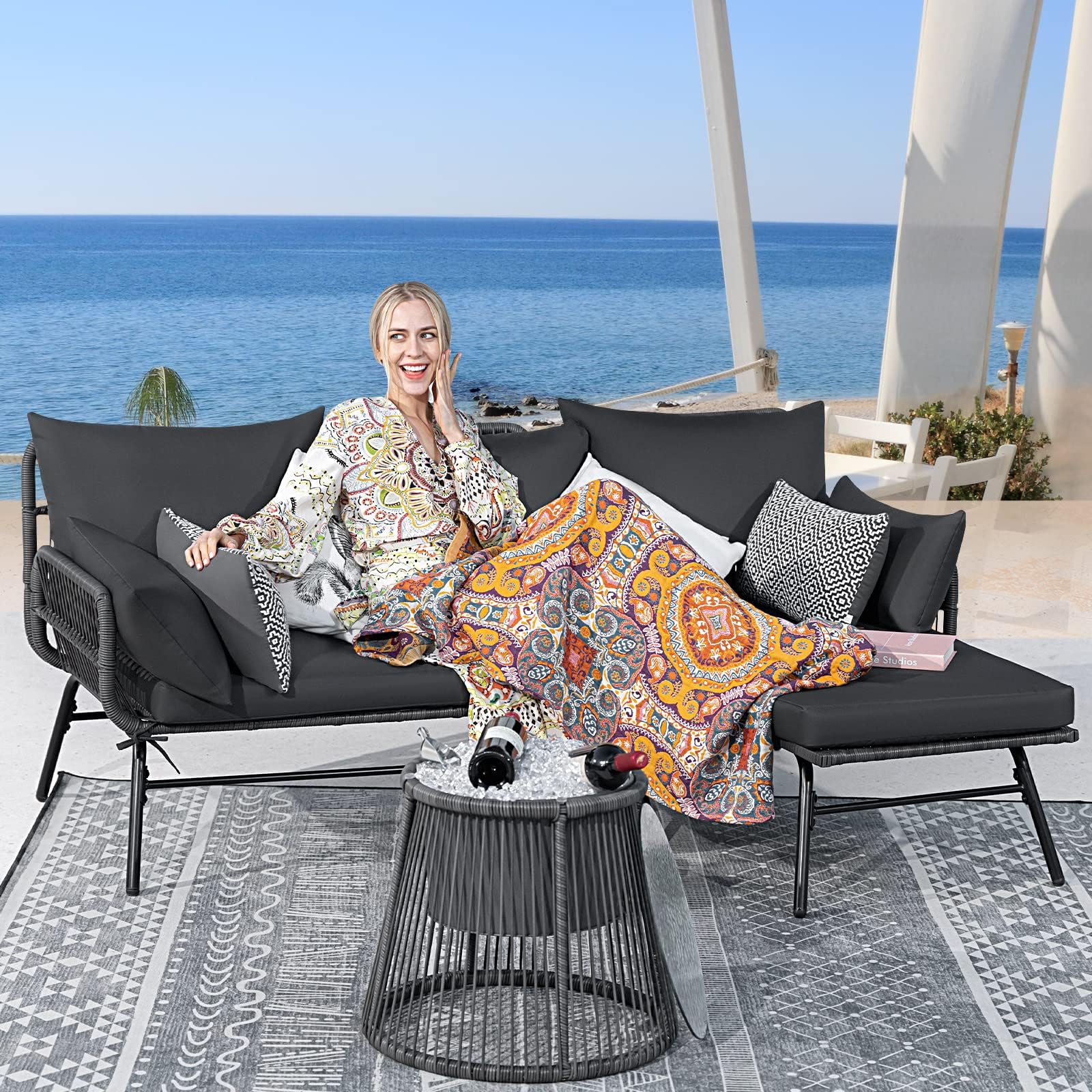 BULEXYARD 3 Piece Boho Outdoor Patio Furniture Sets with Ice Bucket, Small Size L Shape Wicker Conversation Sectional Sofa Sets for Backyard, Porch, Deck, Garden, Balcony (Dark Grey)