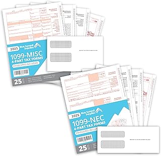 Blue Summit Supplies 1099 Tax Forms 2025, 25 Pack Bundle with 1099-NEC and 1099-MISC Forms, 25 Sets Each, Self-Seal Envelo...