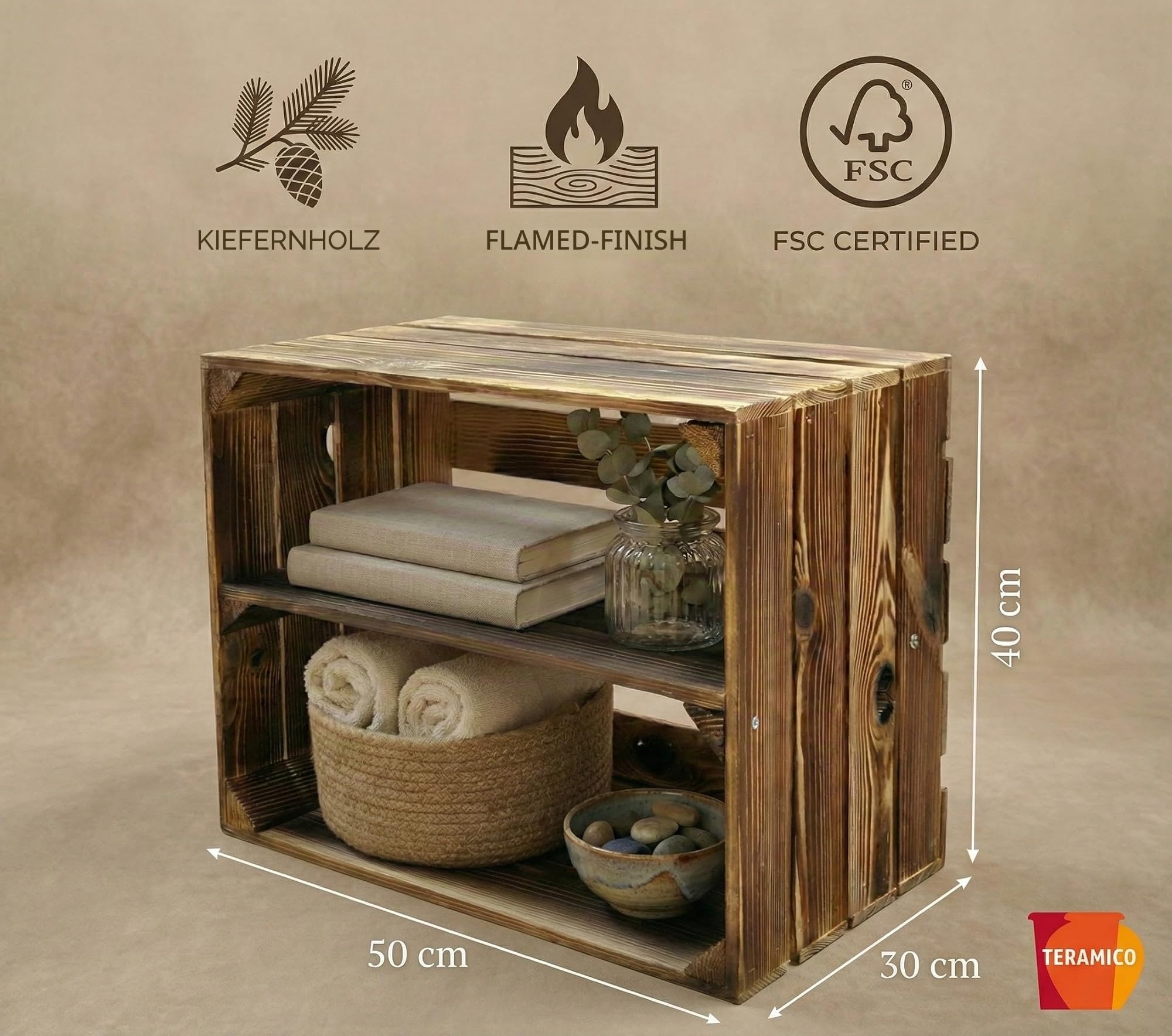 Teramico 4er Set Holzkisten in verschiedenen Variationen- Ideal als Couchtisch, zur Aufbewahrung oder einfach tolle Dekoration (Neu Geflammt 2 x Boden Längs)