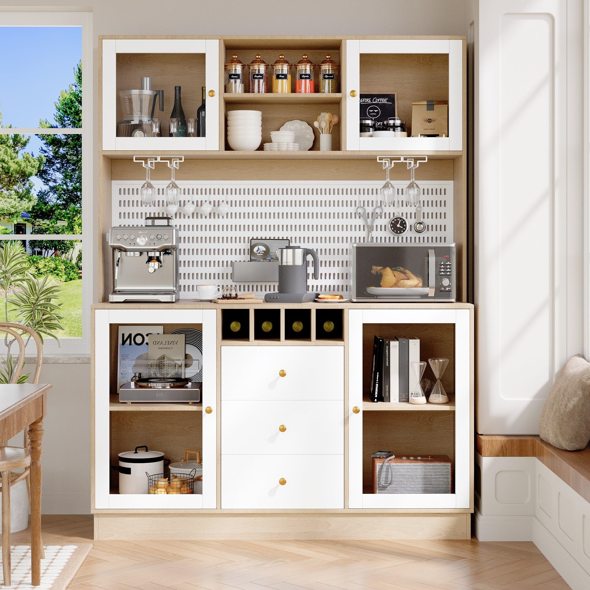 Hochschrank, Küchenschrank mit Smart LED Beleuchtung, fürs Wohnzimmer, Seitenschrank mit Weinregal und Kippsicherung, Verstellbare Einbauregale, Weiß