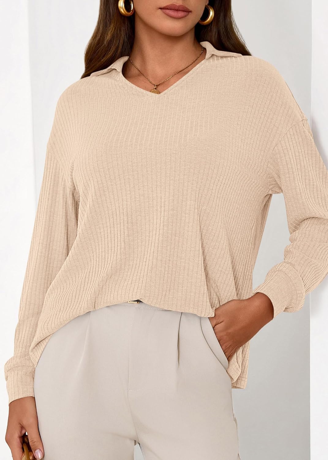 KIRUNDO Long Sleeve Shirts for Women 2025 Fall Fashion Outfits Going Out Tops Collar V Neck Blouses Ribbed Knit Loose Tunic - Image 5