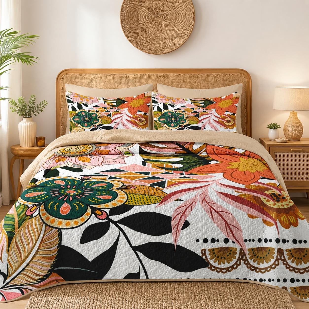 Pamnest Quilt Set Full/Queen Size, Boho Floral 3 Pcs Soft Bed Cover Bedding Set, Mid Century Flowers Lightweight Bedspread Coverlet with 2 Pillow Sham for All Season
