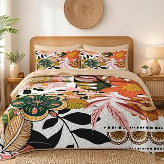 Pamnest King Quilt Set, 3 Pieces Boho Floral Bedding, Bedspread