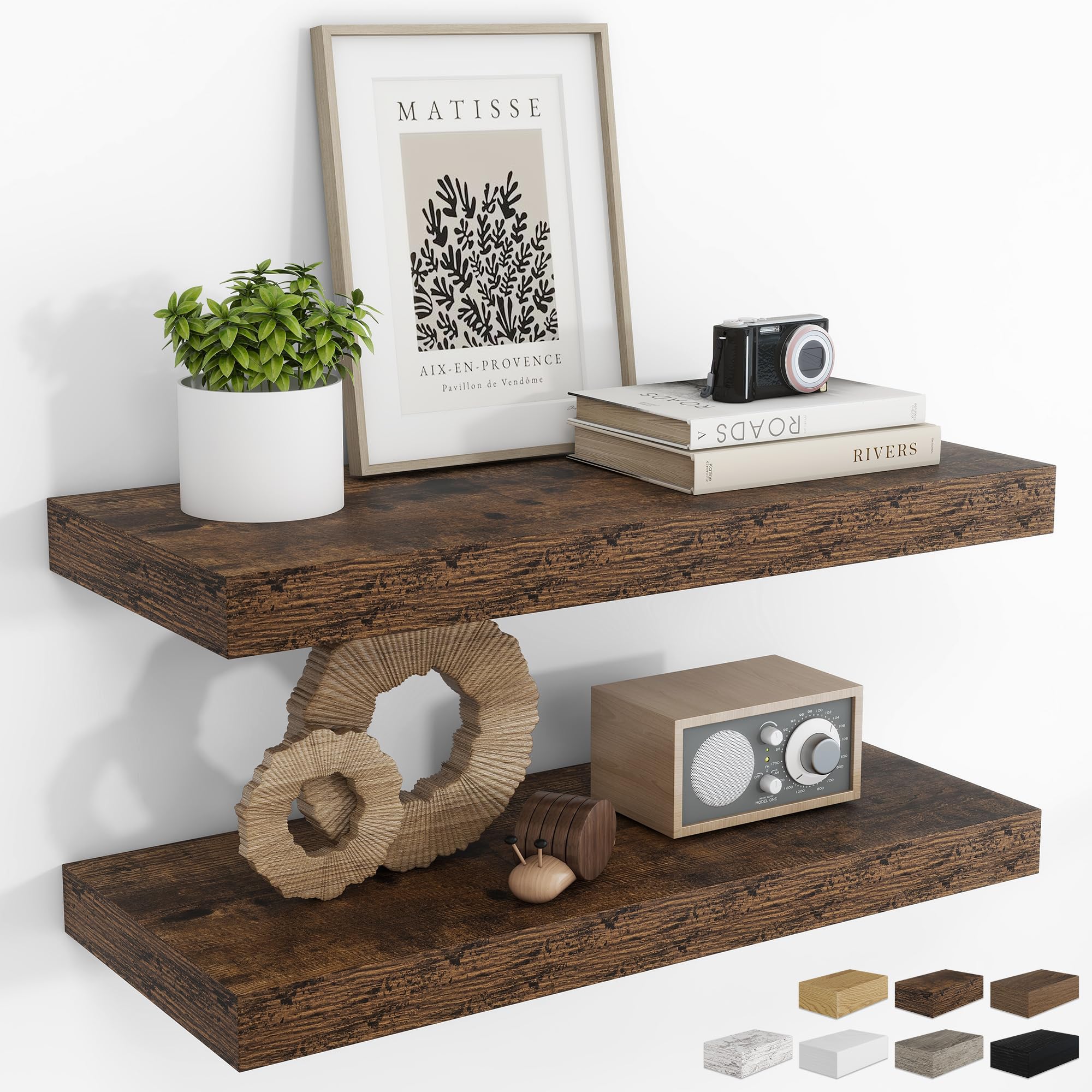 RICHFOCUS 24Inch Floating Shelves for Wall 2 Pack Shelves for Bedroom|Kitchen|Bathroom Wall Mounted Rustic Wood Floating Shelf with Invisible Brackets