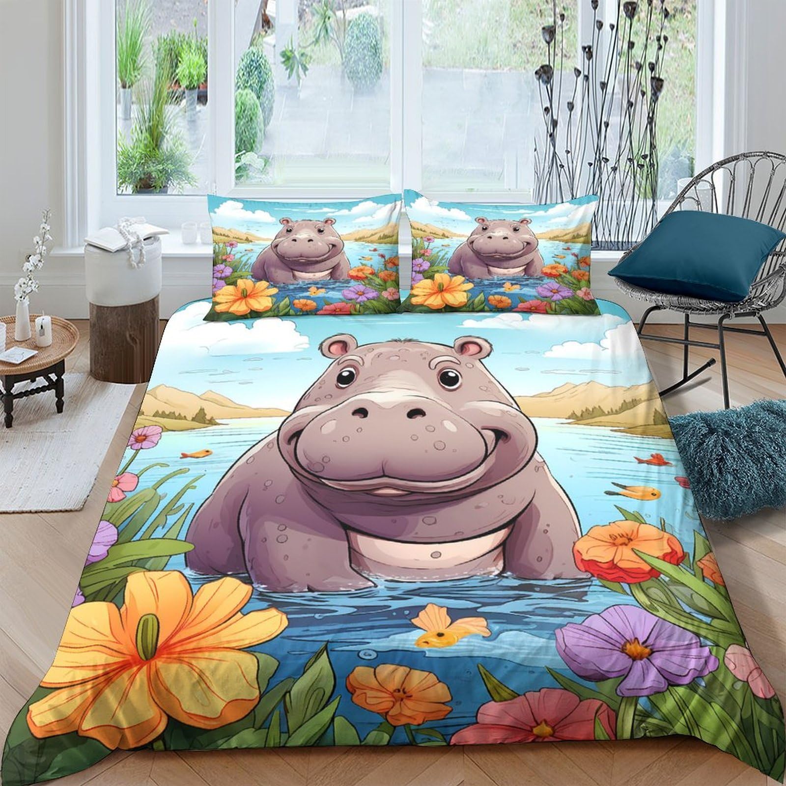 Ctjqhvkz Style-6 3D Printed Cartoon Hippo Fitted Sheet Microfiber Colorful Flower Bed Cover Anti-Slip Machine Washable For Bedroom Dorm Decor Single（135X200cm）