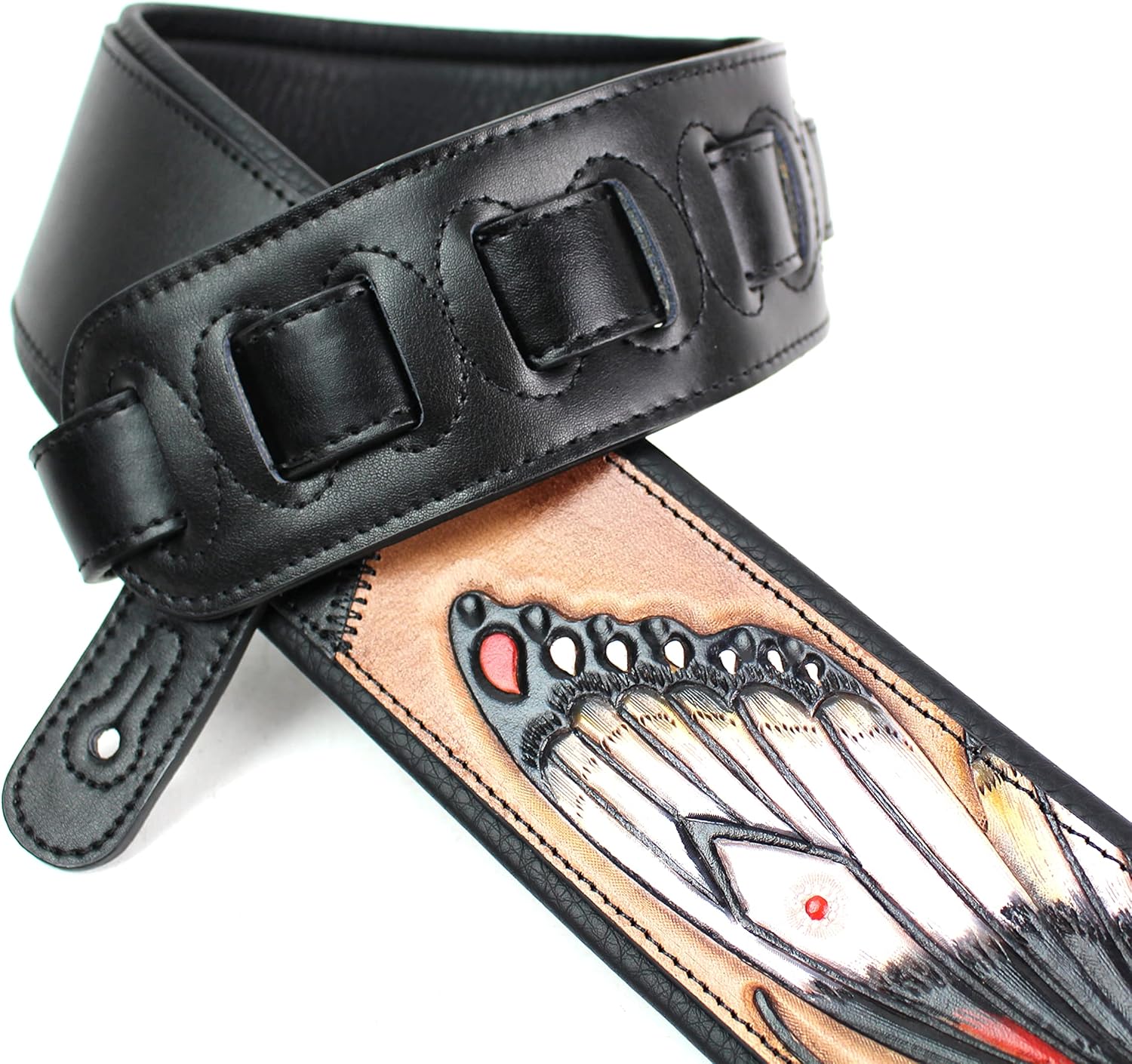 Walker and Williams KB-58 Large White Butterfly Carving On Padded Black Guitar Strap Hand Carved On Premium Tan Carving Leather for Acoustic, Electric, and Bass Guitars