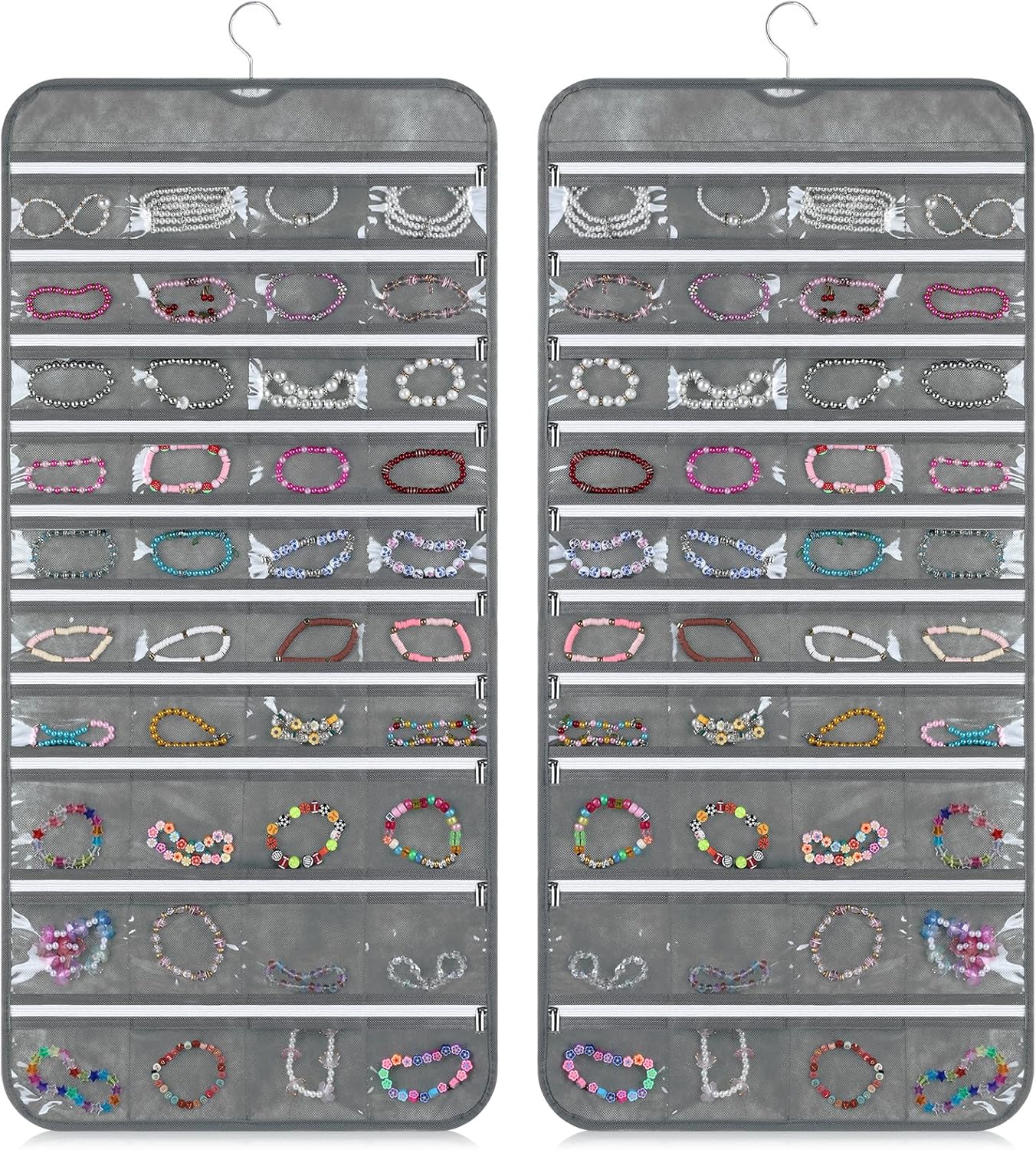 SynHHergyx 2 Pack Zippered Pocket Hanging Jewelry Organizer Dual-Sided Zipper Jewelry Holder Hanging Storage Organizer for Holding Earrings Bracelets Rings, Each with 80 Zippered Pockets