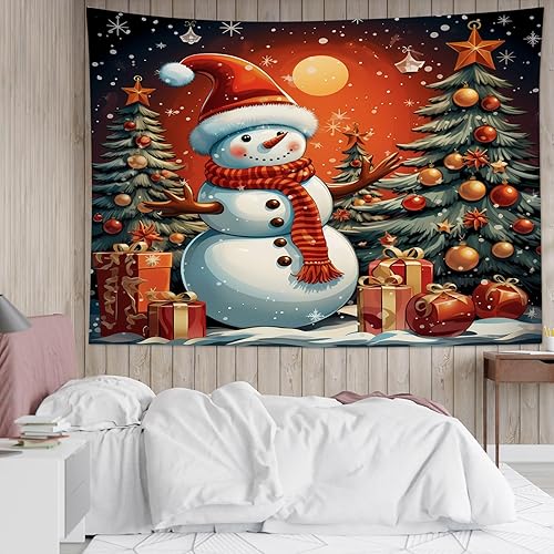 Miniatura 7 de HVEST Tapiz navideño de muñeco de nieve para colgar en la pared, divertido muñeco de nieve con sombrero rojo de Navidad y tapiz de regalo, tapiz de