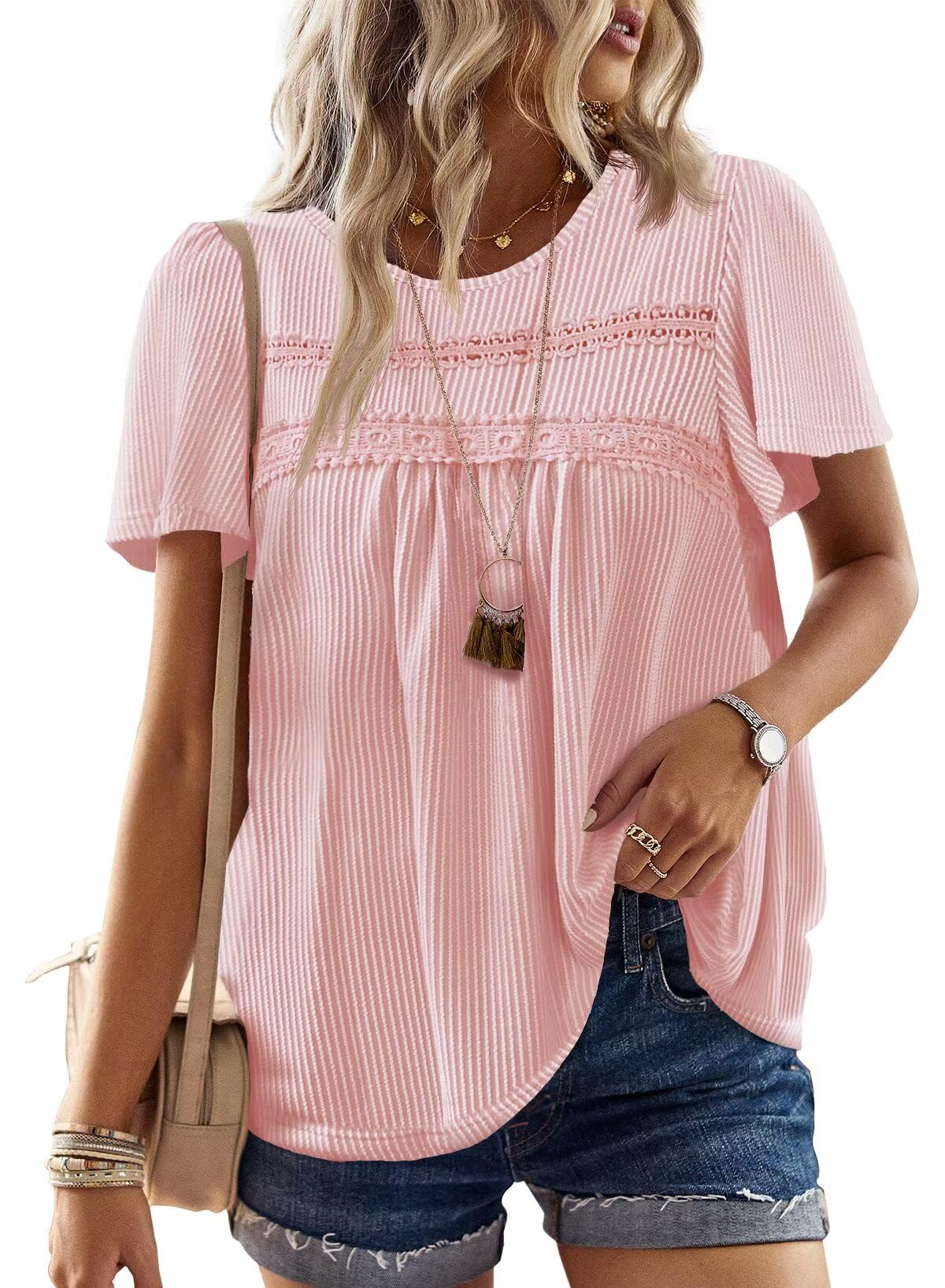 Falechay Womens Summer Tops Crewneck Short Sleeve Striped Shirts Casual Ribbed Blouses Flowy Hem Boho Clothing 2025