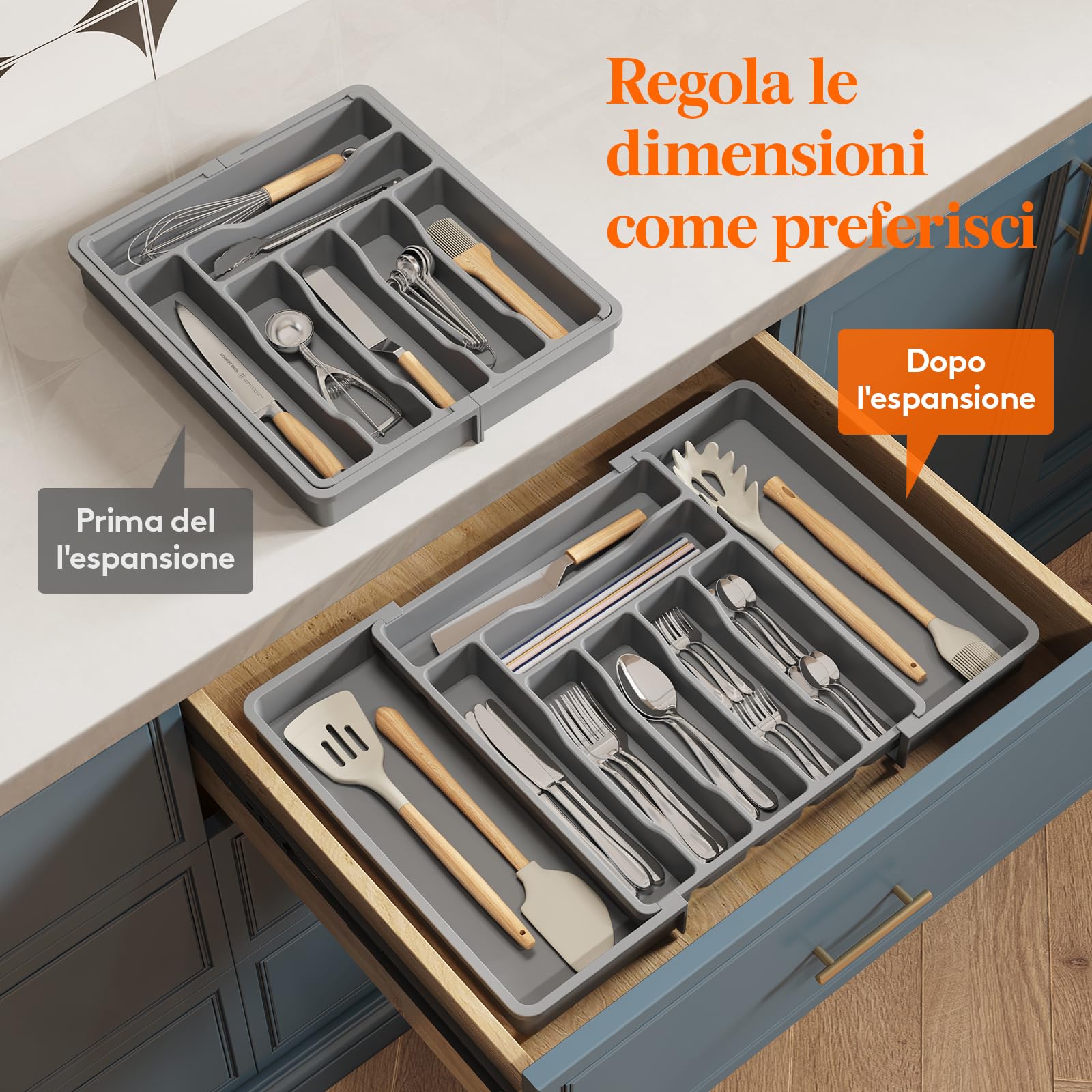 Lifewit Porta Posate Cucina Cassetto, Organizer Posate da Espandibile, Portaposate Salvaspazio, Divisori in Plastica per Utensili, Forchette, Profondità 38 cm, Largezza 33-56,8cm, Grigio