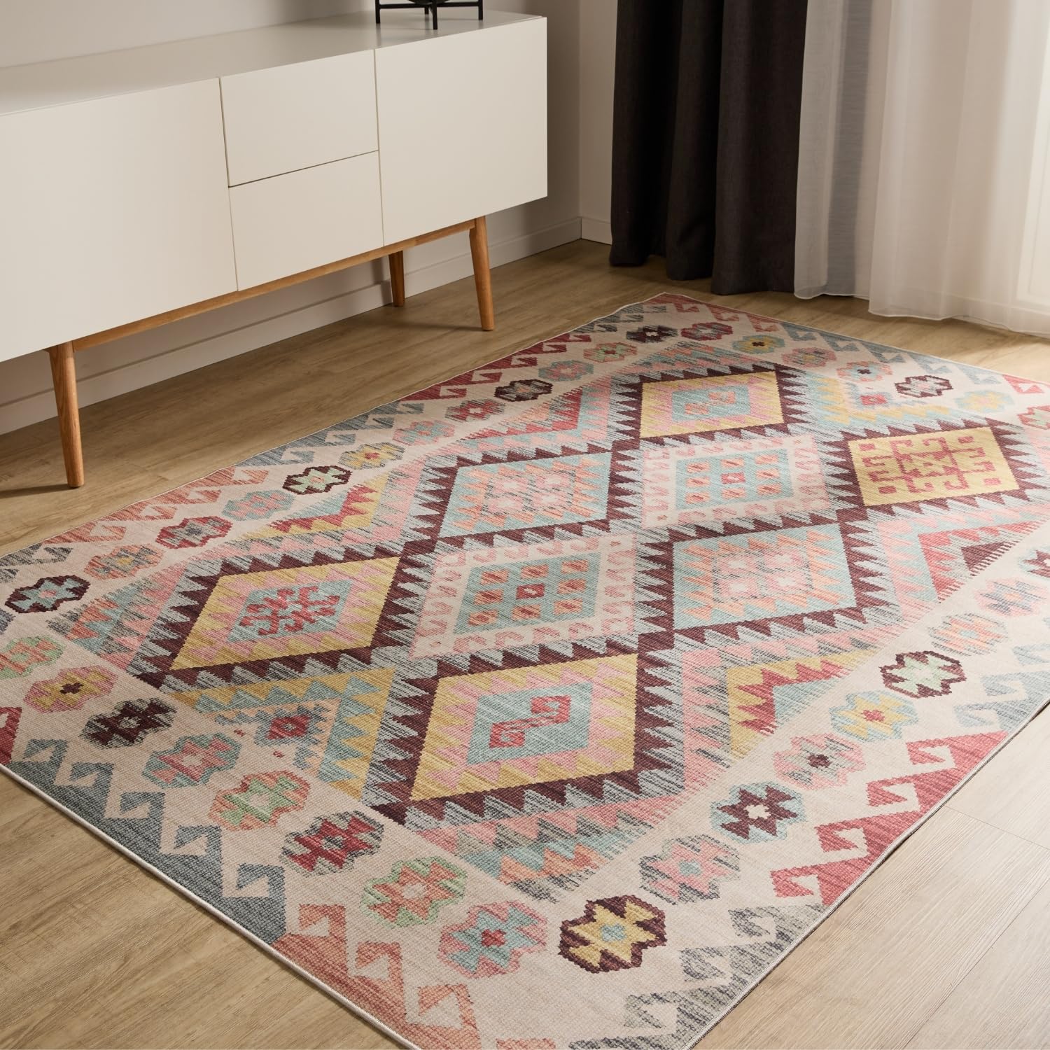 benuta Basic Waschbarer Teppich George - Multicolor 200x300 cm - Kunstfaser - Rechteckig & im Style: Kelim, Ethno-Style, Shabby Chic - Pflegeleicht für Wohnzimmer Schlafzimmer