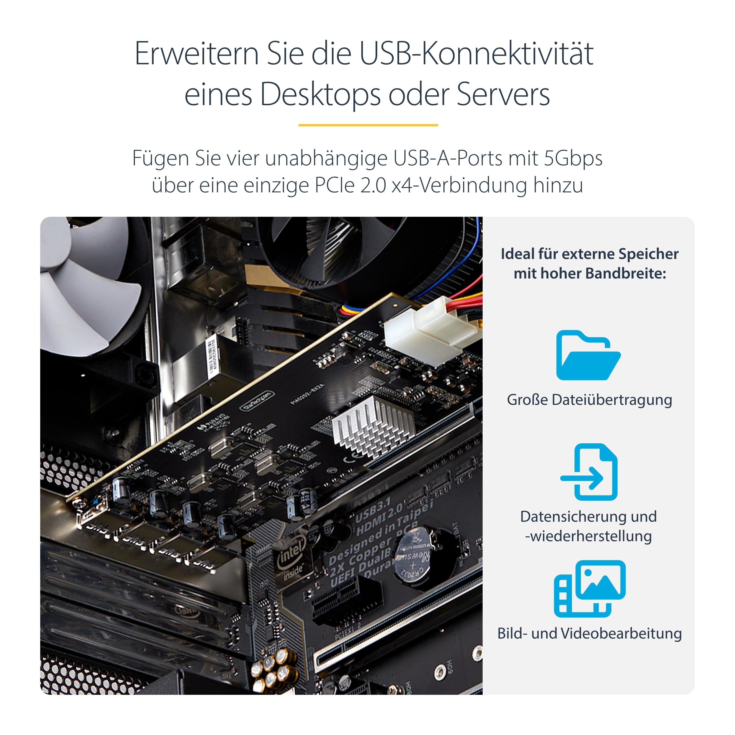 StarTech USB PCIe Karte 4 Ports, 5 Gbit/s, 4X USB-A (P5Q4A-USB-CARD) | USB 3.2, 4 unabhängige Controller, PCI Express 2.0 x4, Horizontale Anschlüsse, SATA/LP4 Strom