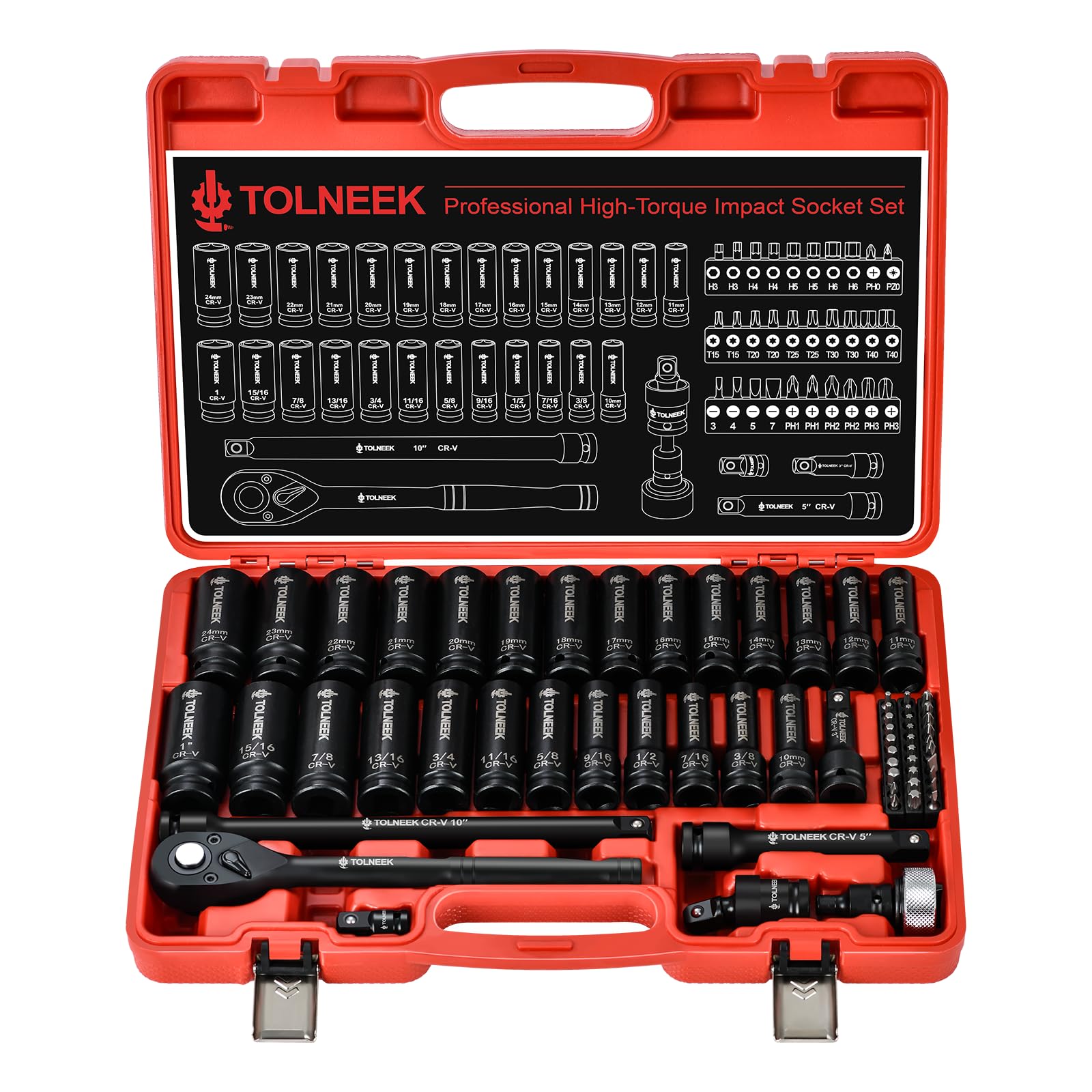 Tolneek 63-Piece 1/2" Drive Impact Socket Set, SAE (3/8 to 1 inch) and Metric (10-24mm) Socket Wrench Set with Extension Bars, Palm Ratchet Kit, CR-V