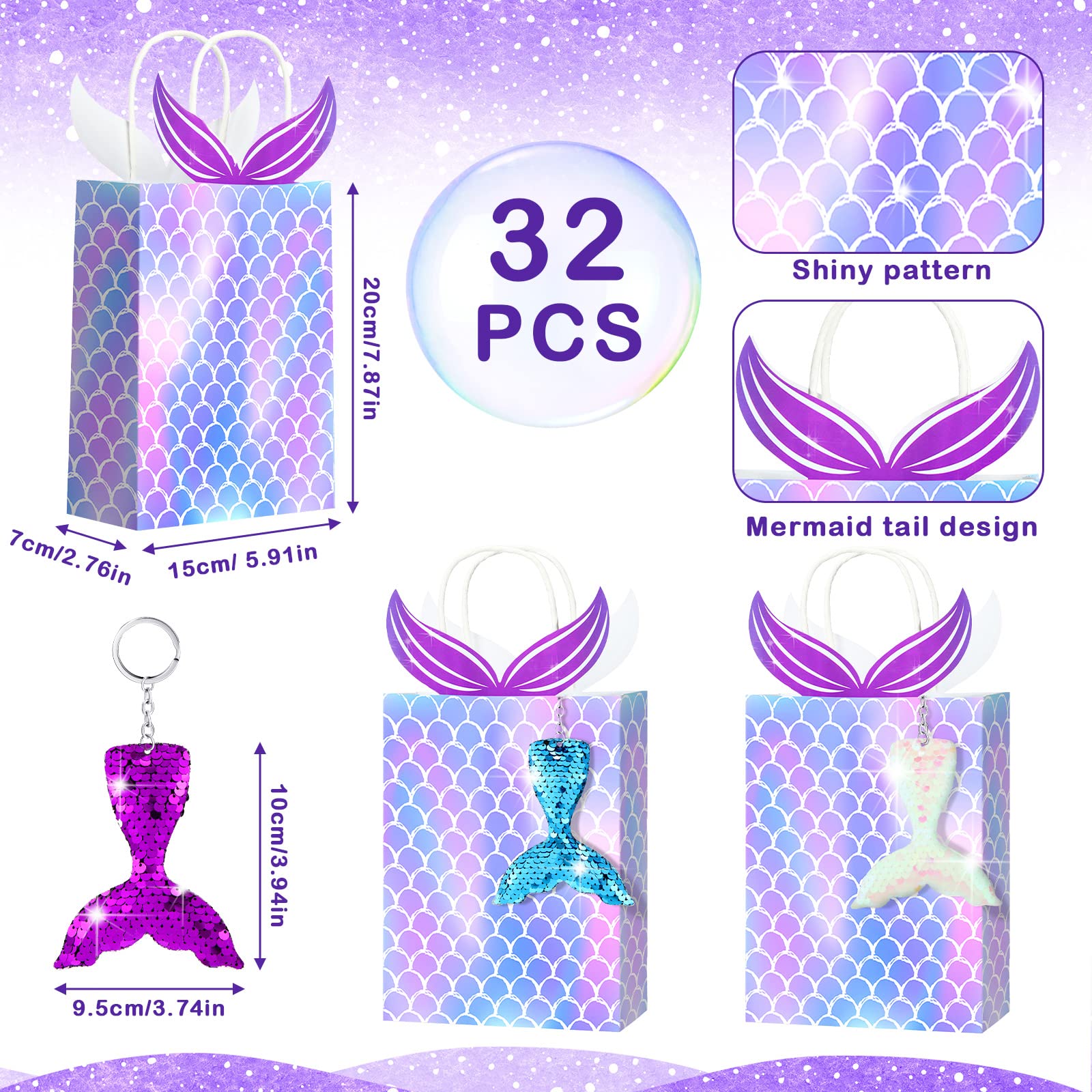Leinuosen 32-Piece Mermaid Party Favors Set - 16 Packs Mermaid Tail Gift Bags & Keychains