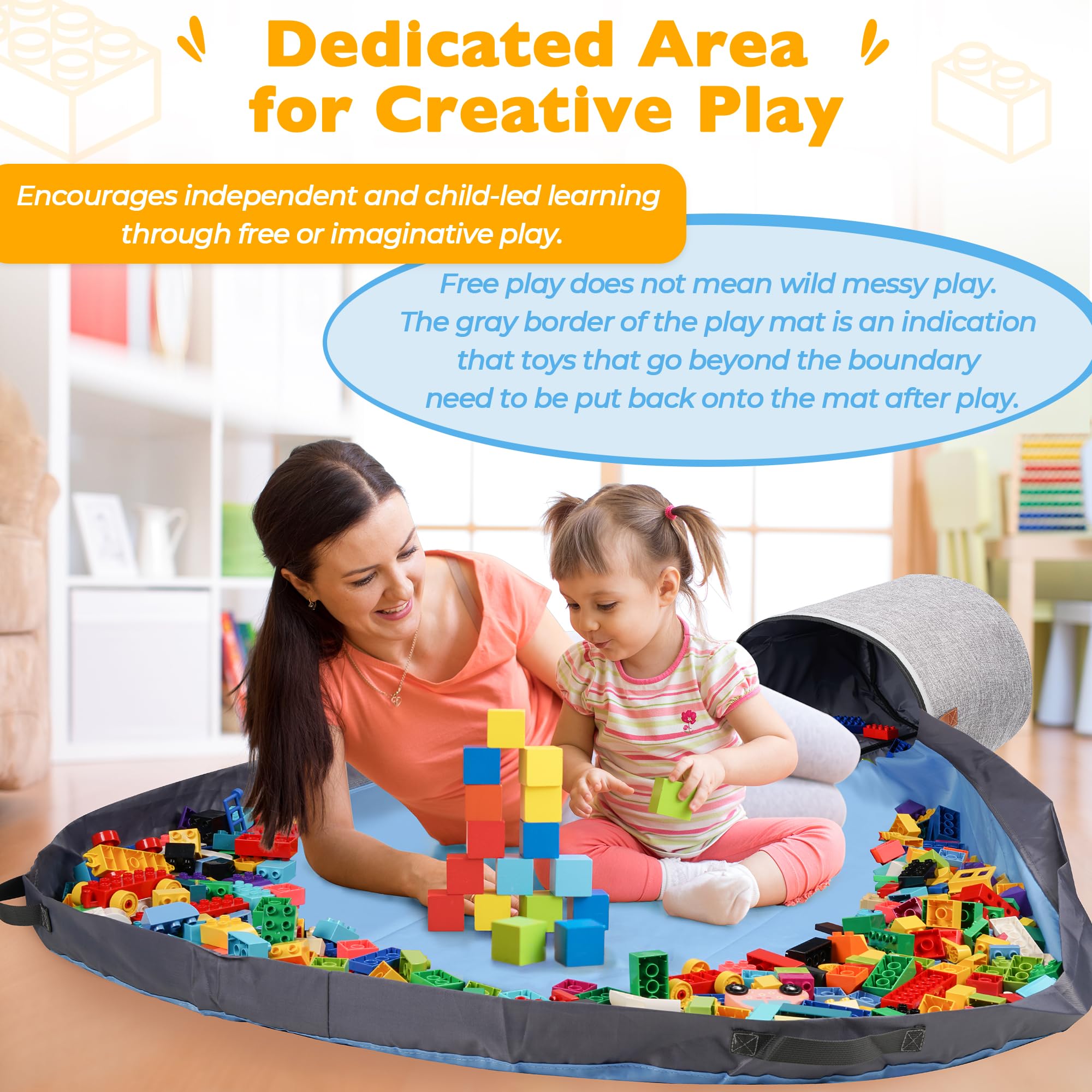 Organizador De Brinquedos SAM AND MABEL XXL Com Tapete | Caixa 38x38x40 Cm - Cinza