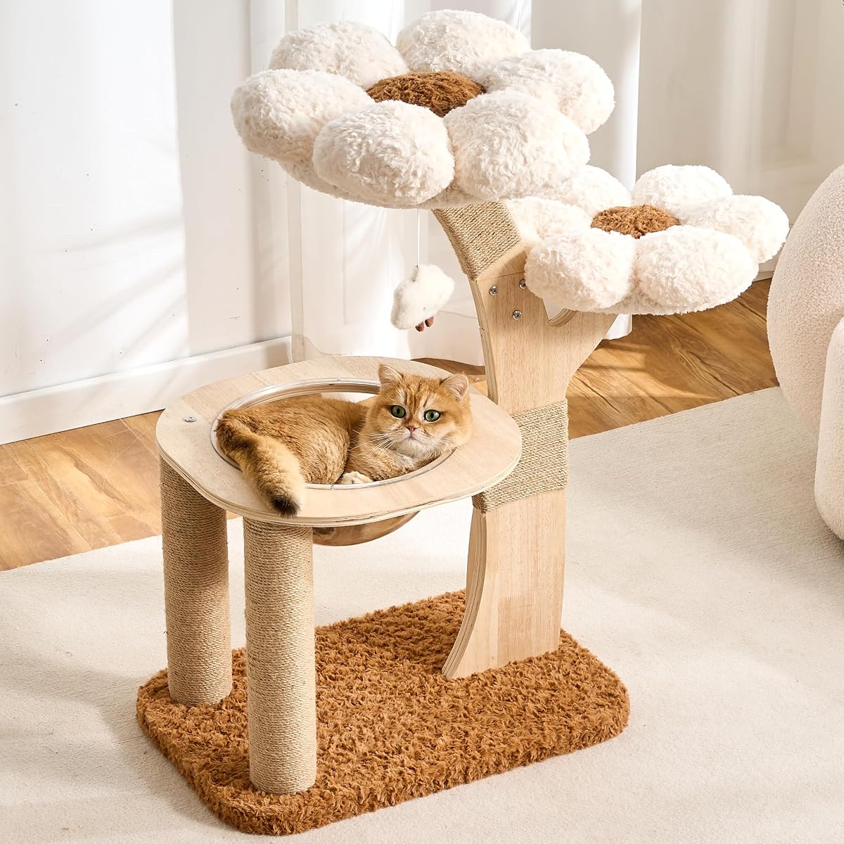 Flower Cat Tree with Scratching Post, 36 Inches Cute Cat Tower with Wooden Branch Design, Modern Cat Climbing Tower with Flower Perches and Space Capsule for Indoor Cats Large Adult. White